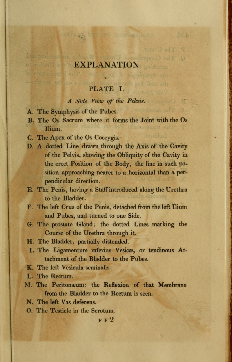 EXPLANATION or PLATE I. A Side View of the Pelvis. A. The Symphysis of the Pubes. B* The Os Sacrum where it forms the Joint with the Os Ilium. C. The Apex of the Os Coccygis. D. A dotted Line drawn through the Axi§ of the Cavity of the Pelvis, showing the Obliquity of the Cavity in the erect Position of the Body, the line in such po- sition approaching nearer to a horizontal than a per- pendicular direction. E. The Penis, having a Staff introduced along the Urethra to the Bladder. F. The left Crus of the Penis, detached from the left Ilium and Pubes, and turned to one Side. G. The prostate Gland; the dotted Lines marking the Course of the Urethra through it. H. The Bladder, partially distended. I. The Ligamentum inferius Vesicae, or tendinous At- tachment of the Bladder to the Pubes. K. The left Vesicula seminalis. L. The Rectum. M. The Peritonaeum: the Reflexion of that Membrane from the Bladder to the Rectum is seen. N. The left Vas deferens. O. The Testicle in the Scrotum. F F 2
