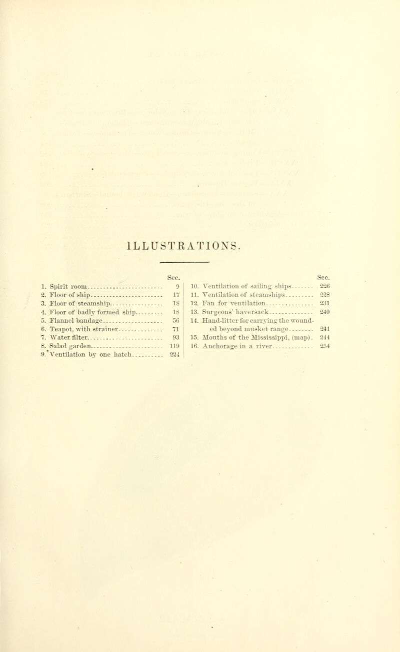 ILLUSTRATIONS. Sec. 1. Spirit room 9 2. Floor of ship 17 3. Floor of steamsliip 18 4. Floor of badly formed sliip 18 5. Flannel bandage 56 6. Teapot, with strainer 71 7. Waterfllter 93 8. Salad garden 119 9. Ventilation by one liatcli 224 Sec. 10. Tentilation of sailing ships 226 11. Ventilation of steamships 228 12. Fan for ventilation 231 13. Surgeons' haversack 240 14. Hand-litter for carr.\-iug the wound- ed beyond musket range 241 15. Months of the Mississippi, (map). 244 16. Anchorage in a river 254