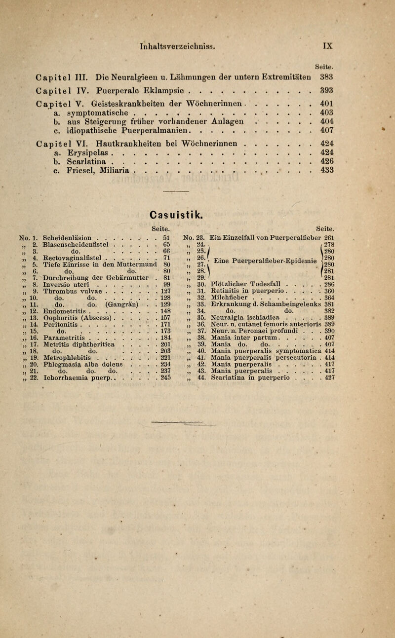 Heite. Capitel III. Die Neuralgieen u. Lälimnngen der untern Extremitäten 383 Capitel IV. Puerperale Eklampsie 393 Capitel V. Geisteskrankheiten der Wöchnerinnen 401 a. symptomatische 403 b. aus Steigerung früher vorhandener Anlagen 404 c. idiopathische Puerperalmanien 407 Capitel VI. Hautkrankheiten bei Wöchnerinnen 424 a. Erysipelas 424 b. Scarlatina 426 c. Friesel, Miliaria 433 Casuistik. Seite. No. 1. Scheidenläsion 51 No. 23. „ 2. Blasenscheidenfistel 65 „24. „3. do. 66 „ 25. „ 4. Rectovaginalfistel 71 j, 26. „ 5. Tiefe Einrisse In den Muttermund 80 „ 27. „ 6. do. do. 80 „ 28. „ 7. Durchreibung der Gebärmutter . 81 „ 29. „ 8. Inversio uteri 99 >, 30. „ 9. Thrombus vulvae ....... 127 „ 31. „ 10. do. do 128 „ 32. „ 11. do. do. (Gangrän) . . 129 „ 33. „ 12. Endometritis 148 „34. „ 13. Oophoritis (Abscess) 157 „ 35. „ 14. Peritonitis . 171 „36. „15. do 173 „ 37. „ 16. Parametritis 184 „38. „ 17. Metritis diphtheritica 201 „ 39. „ 18. do. do. 203 „ 40. „ 19. Metrophlebitis 221 „41. „ 20. Phlegmasia alba dolens .... 234 „ 42. „ 21. do. do. do 237 „ 43. „ 22. lohorrhaemia puerp 245 „ 44. Seite. Ein Einzelfall von Puerperalfieber 261 \ (278 I ^280 ' Eine Puerperalfieber-Epidemie <noJ* \ /28I 281 Plötzlicher Todesfall 286 Retinitis in puerperio ..... 360 Milchfleber 364 Erkrankung d. Schambeingelenks 381 do. do. 382 Neuralgia ischiadica 389 Neur. n. cutanei femoris anterioris 389 Neur. n. Peronaei profundi . . . 390 Mania inter partum 407 Mania do. do 407 Mania puerperalis symptomatica 414 Mania puerperalis persecutoria . 414 Mania puerperalis 417 Mania puerperalis 417 Scarlatina in puerperio .... 427