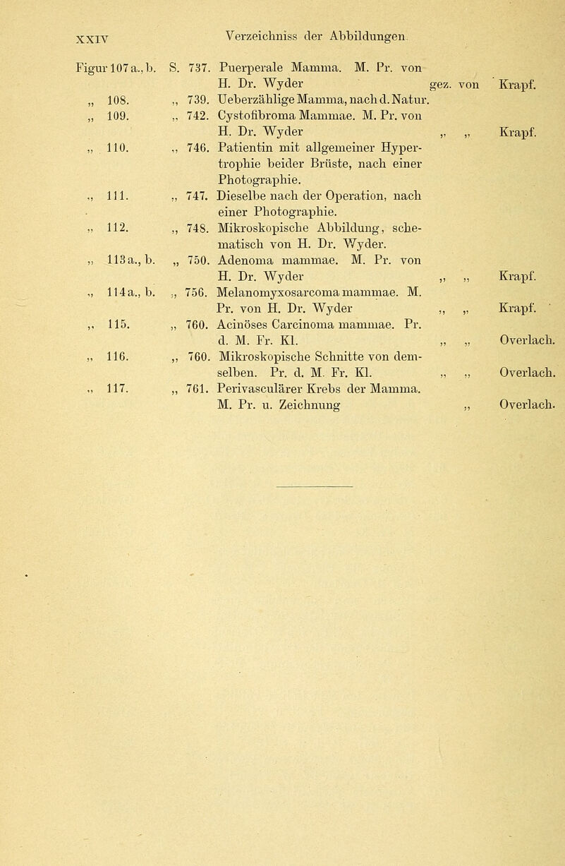 Figur 107 a.,b. S. 737. Puerperale Mamma. M. Pr. von H. Dr. Wyder gez. von Krapf. 108. ,, 739. Ueberzäblige Mamma, nach cl. Natur. 109. ,, 742. Cystofibroma Mammae. M. Pr. von H. Dr. Wyder „ „ Krapf. 110. ,, 746. Patientin mit allgemeiner Hyper- trophie beider Brüste, nach einer Photographie. 111. ., 747. Dieselbe nach der Operation, nach einer Photographie. 112. ,, 748. Mikroskopische Abbildung, sche- matisch von H. Dr. Wyder. 113 a., b. „ 750. Adenoma mammae. M. Pr. von H. Dr. Wyder „ „ Krapf. 114a., b. ,, 756. Melanomyxosarcomamammae. M. Pr. von H. Dr. Wyder „ „ Krapf. 115. „ 760. Acinöses Carcinoma mammae. Pr. d. M. Fr. Kl. „ „ Overlach. 116. ,, 760. Mikroskopische Schnitte von dem- selben. Pr. d. M. Fr. Kl. „ „ Overlach. 117. „ 761. Perivasculärer Krebs der Mamma. M. Pr. u. Zeichnung ,, Overlach.