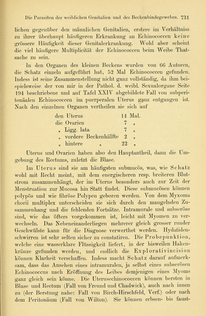 liehen gegenüber den männlichen Genitalien, erstere im Verhältniss zu ihrer überhaupt häufigeren Erkrankung an Echinococcen keine grössere Häufigkeit dieser Genitalerkrankung. Wohl aber scheint die viel häufigere Multiplicität der Echinococcen beim Weibe That- sache zu sein. In den Organen des kleinen Beckens wurden von 66 Autoren, die Schatz einzeln aufgeführt hat, 52 Mal Echinococcen gefunden. Indess ist seine Zusammenstellung nicht ganz vollständig, da ihm bei- spielsweise der von mir in der Pathol. d. weibl. Sexualorgane Seite 194 beschriebene und auf Tafel XXIV abgebildete Fall von subperi- tonäalen Echinococcen im puerperalen Uterus ganz entgangen ist. Nach den einzelnen Organen vertheilen sie sich auf den Uterus 14 Mal. die Ovarien 7 „ „ Ligg. lata 7 „ „ vordere Beckenhälfte 2 „ „ hintere „ 22 „ Uterus und Ovarien haben also den Hauptantheil, dann die Um- gebung des Rectums, zuletzt die Blase. Im Uterus sind sie am häufigsten submueös, was, wie Schatz wohl mit Recht meint, mit dem energischeren resp. breiteren Blut- strom zusammenhängt, der im Uterus besonders auch zur Zeit der Menstruation zur Mucosa hin Statt findet. Diese submueösen können polypös und wie fibröse Polypen geboren werden. Von dem Myxoma chorii multiplex unterscheiden sie sich durch den mangelnden Zu- sammenhang und die fehlenden Portsätze. Intramurale und subseröse sind, wie das öfters vorgekommen ist, leicht mit Myomen zu ver- wechseln. Das Nebeneinanderliegen mehrerer gleich grosser runder Geschwülste kann für die Diagnose verwerthet werden. Hydatiden- schwirren ist sehr selten sicher zu constatiren. Die Probepunktion, welche eine wasserklare Flüssigkeit liefert, in der bisweilen Haken- kränze gefunden werden, und endlich die Explorativincision können Klarheit verschaffen. Indess macht Schatz darauf aufmerk- sam, dass das Ansehen eines intramuralen, ja selbst eines subserösen Echinococcus nach Eröffnung des Leibes demjenigen eines Myoms ganz gleich sein könne. Die Uterusechinococcen können bersten in Blase und Rectum (Fall von Freund und Chadwick), auch nach innen zu (der Berstung nahe: Fall von Birch-Hirschfeld, Verf.) oder nach dem Peritonäum (Fall von Wilton). Sie können erbsen- bis faust-