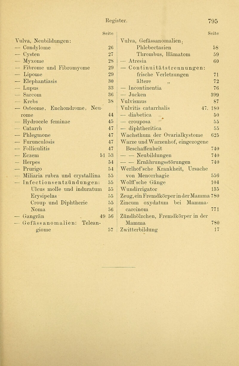 Seite Vulva, Neubildungen: — Condylome 26 — Cysten 27 — Myxome 28 — Fibrome und Fibromyome 29 — Lipome 29 — Elephantiasis 30 — Lupus 33 — Sarcom 36 ■— Krebs 38 — Osteome, Enchondrome, Neu- rome 44 — Hydrocele feminae 45 — Catarrh 47 — Phlegmone 47 — Furunculosis 47 — Folliculitis 47 — Eczem 51 53 — Herpes 54 — Prurigo 54 — Miliaria rubra und crystallina 55 — Infectionsentzündungen: 55 Ulcus molle und induratum 55 Erysipelas 55 Croup und Diphtherie 55 Noma 56 — Gangrän _ 49 56 ■— Gefässanomalien: Telean- giome 57 Seite Vulva, Gefässanomalien. Phlebectasien 58 Thrombus, Hämatom 59 — Atresia 60 — Continuitätstrennungen: frische Verletzungen 71 ältere „ 72 — Incontinentia 76 — Jucken 399 Vulvismus 87 Vulvitis catarrhalis 47. 180 — diabetica 50 — crouposa 55 — diphtheritica 55 Wachsthum der Ovarialkystome 625 Warze und Warzenhof, eingezogene Beschaffenheit 740 Neubildungen 740 — -— Ernährungsstörungen 740 Werlhof'sche Krankheit, Ursache von Menorrhagie 556 Wolff sehe Gänge ' 104 Wundirrigator 135 Zeug, ein Fremdkörper in der Mamma 780 Zincum oxydatum bei Mamma- carcinom 771 Zündhölzchen, Fremdkörper in der Mamma 780 Zwitterbildung 17