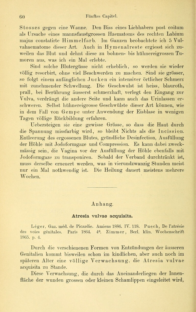 Stosses gegen eine Wanne. Den Biss eines Liebhabers post coitum als Ursache eines mannsfaustgrossen Haematoms des rechten Labium majus constatirte Himmelfarb. Im Ganzen beobachtete ich 5 Vul- vahaematome dieser Art. Auch in Hymenalreste ergiesst sich zu- weilen das Blut und dehnt diese zu bohnen- bis hühnereigrossen Tu- moren aus, was ich ein Mal erlebte. Sind solche Blutergüsse nicht erheblich, so werden sie wieder völlig resorbirt, ohne viel Beschwerden zu machen. Sind sie grösser, so folgt einem anfänglichen Jucken ein intensiver örtlicher Schmerz mit zunehmender Schwellung. Die Geschwulst ist heiss, blauroth, prall, bei Berührung äusserst schmerzhaft, verlegt den Eingang zur Vulva, verdrängt die andere Seite und kann auch das Urinlassen er- schweren. Selbst hühnereigrosse Geschwülste dieser Art können, Avie in dem Fall von Gempe unter Anwendung der Eisblase in wenigen Tagen völlige Rückbildung erfahren. Uebersteigen sie eine gewisse Grösse, so dass die Haut durch die Spannung missfarbig wird, so bleibt Nichts als die Incissio^^n. Entleerung des ergossenen Blutes, gründliche Desinfection, Ausfüllung der Höhle mit Jodoformgaze und Compression. Es kann dabei zweck- mässig sein, die Vagina vor der Ausfüllung der Höhle ebenfalls mit Jodoformgaze zu transponiren. Sobald der Verband durchtränkt ist, muss derselbe erneuert werden, was in vierundzwanzig Stunden meist nur ein Mal nothwendig ist. Die Heilung dauert meistens mehrere Wochen. Anhang. Atresia vulvae acquisita. Leger, Gaz. med. de Picardie. Amiens 1886. IV. 118. Puecli, De l'atresie des voies genitales. Paris 1864. 4. Zimmer, Berl. klin. Wochensclirift 1865. p. 4. Durch die verschienenen Formen von Entzündungen der äusseren Genitalien kommt bisweilen schon im kindlichen, aber auch noch im späteren Alter eine völlige Verwachsung, die Atresia vulvae acquisita zu Stande. Diese Verwachsung, die durch das Aneinanderliegen der Innen- fläche der wunden grossen oder kleinen Schamlippen eingeleitet wird,