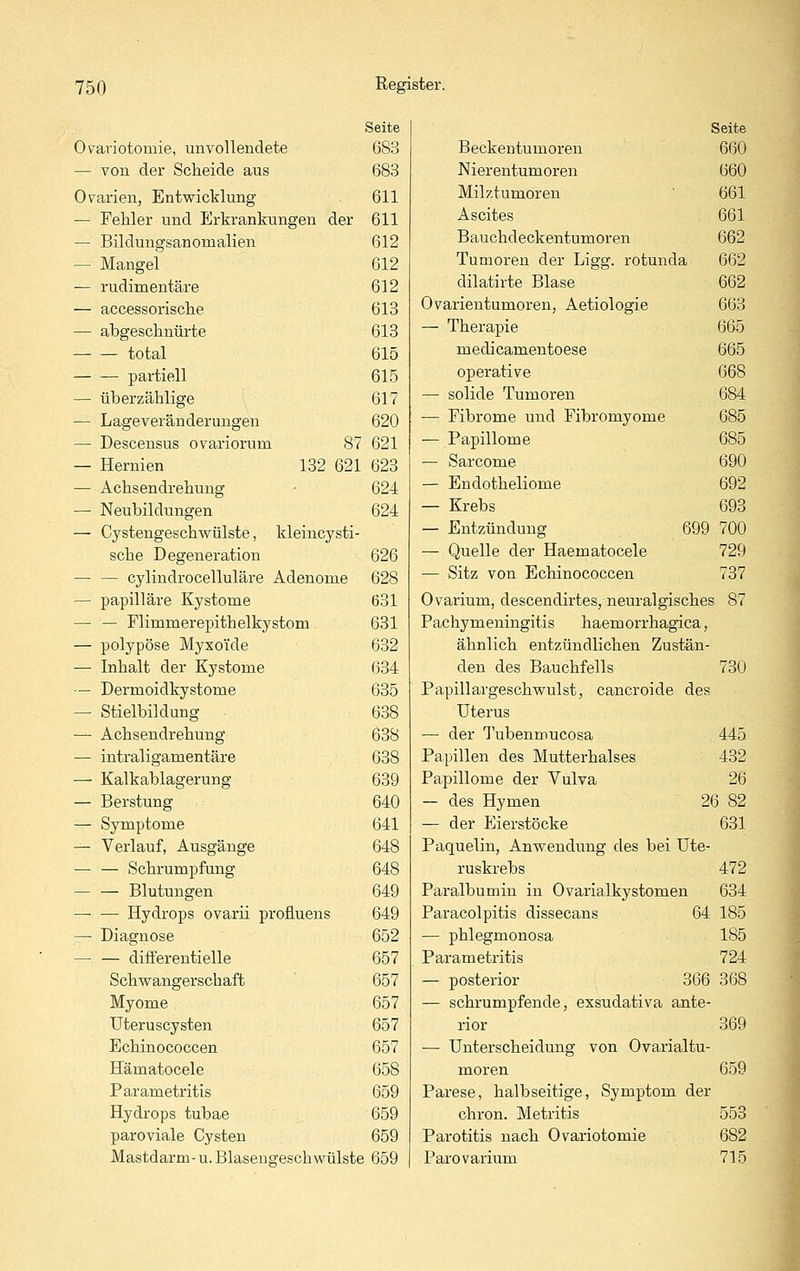 Ovaviotomie, unvollendete — von der Scheide aus Seite 683 683 Ovarien, Entwicklung 611 — Fehler und Erkrankungen der 611 — Bildungsanomalien 612 — Mangel 612 — rudimentäre 612 — accessorische 613 — abgesclinürte 613 total 615 partiell 615 — überzählige 617 — Lageveränderungen 620 — Descensus ovai-iorum 87 621 — Hernien 132 621 623 — Achsendrehung - 624 — Neubildungen 624 — Cystengeschwülste, kleincysti- sche Degeneration 626 — — cylindrocelluläre Adenome 628 — papilläre Kystome 631 — — Flimmerepithelkystom 631 — polypöse Myxoide 632 — Inhalt der Kystome 634 — Dermoidkystome 635 — Stielbildung 638 — Achsendrehung 638 — intraligamentäre 638 — Kalkablagerung 639 — Berstung 640 — Symptome 641 — Verlauf, Ausgänge 648 — — Schrumpfung 648 — — Blutungen 649 Hydrops ovarii proüuens 649 — Diagnose 652 difierentielle 657 Schwangerschaft 657 Myome 657 Uteruscysten 657 Echinococcen 657 Hämatocele 658 Parametritis 659 Hydrops tubae 659 paroviale Cysten 659 Mastdarm- u. Blasengeschwülste 659 Seite Beckentumoreu 660 Nierentumoren 660 Milztumoren 661 Ascites 661 Bauchdeckentumoren 662 Tumoren der Ligg. rotunda 662 dilatirte Blase 662 Ovarientumoren, Aetiologie 663 — Therapie 665 medicamentoese 665 operative 668 — solide Tumoren 684 — Fibrome und Fibromyome 685 — Papillome 685 — Sarcome 690 — Endotheliome 692 — Krebs 693 — Entzündung 699 700 — Quelle der Haematocele 729 — Sitz von Echinococcen 737 Ovarium, descendirtes, neuralgisches 87 Pachymeningitis haemorrhagica, ähnlich entzündlichen Zustän- den des Bauchfells 730 Papillargeschwulst, cancroide des Uterus — der Tubenmucosa 445 Papillen des Mutterhalses 432 Papillome der Vulva 26 — des Hymen 26 82 — der Eierstöcke 631 Paquelin, Anwendung des bei Ute- ruskrebs 472 Paralbumin in Ovarialkystomen 634 Paracolpitis dissecans 64 185 — phlegmonosa 185 Parametritis 724 — posterior 366 368 — schrumpfende, exsudativa ante- rior 369 — Unterscheidung von Ovarialtu- moren 659 Parese, halbseitige, Symptom der chron. Metritis 553 Parotitis nach Ovariotomie 682 Parovarium 715