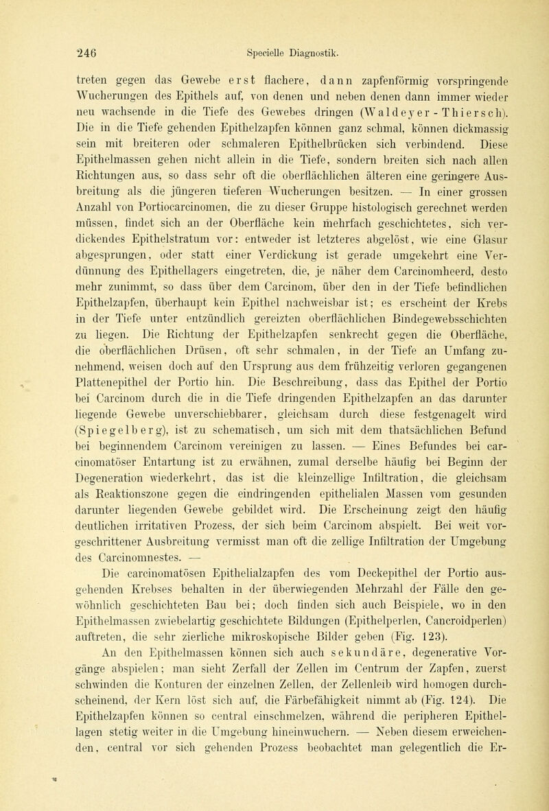 treten gegen das Gewebe erst flachere, dann zapfenförmig vorspringende Wucherungen des Epithels auf, von denen und neben denen dann immer wieder neu wachsende in die Tiefe des Gewebes dringen (Waldeyer-Thiersch). Die in die Tiefe gehenden Epithelzapfen können ganz schmal, können dickmassig sein mit breiteren oder schmaleren Epithelbrücken sich verbindend. Diese Epithelmassen gehen nicht allein in die Tiefe, sondern breiten sich nach allen Richtungen aus, so dass sehr oft die oberflächlichen älteren eine geringere Aus- breitung als die jüngeren tieferen Wucherungen besitzen. — In einer grossen Anzahl von Portiocarcinomen, die zu dieser Gruppe histologisch gerechnet werden müssen, findet sich an der Oberfläche kein mehrfach geschichtetes, sich ver- dickendes Epithelstratum vor: entweder ist letzteres abgelöst, wie eine Glasur abgesprungen, oder statt einer Verdickung ist gerade umgekehrt eine Ver- dünnung des Epithellagers eingetreten, die, je näher dem Carcinomheerd, desto mehr zunimmt, so dass über dem Carcinom, über den in der Tiefe befindlichen Epithelzapfen, überhaupt kein Epithel nachweisbar ist; es erscheint der Krebs in der Tiefe unter entzündlich gereizten oberflächlichen Bindegewebsschichten zu liegen. Die Richtung der Epithelzapfen senkrecht gegen die Oberfläche, die oberflächlichen Drüsen, oft sehr schmalen, in der Tiefe an Umfang zu- nehmend, weisen doch auf den Ursprung aus dem frühzeitig verloren gegangenen Plattenepithel der Portio hin. Die Beschreibung, dass das Epithel der Portio bei Carcinom durch die in die Tiefe dringenden Epithelzapfen an das darunter liegende Gewebe unverschiebbarer, gleichsam durch diese festgenagelt wird (Spiegelberg), ist zu schematisch, um sich mit dem thatsächlichen Befund bei beginnendem Carcinom vereinigen zu lassen. — Eines Befundes bei car- cinomatöser Entartung ist zu erwähnen, zumal derselbe häufig bei Beginn der Degeneration wiederkehrt, das ist die kleinzellige Infiltration, die gleichsam als Reaktionszone gegen die eindringenden epithelialen Massen vom gesunden darunter liegenden Gewebe gebildet wird. Die Erscheinung zeigt den häufig deutlichen irritativen Prozess, der sich beim Carcinom abspielt. Bei weit vor- geschrittener Ausbreitung vermisst man oft die zellige Infiltration der Umgebung des Carcinomnestes. — Die carcinomatösen Epithelialzapfen des vom Deckepithel der Portio aus- gehenden Krebses behalten in der überwiegenden Mehrzahl der Eälle den ge- wöhnlich geschichteten Bau bei; doch finden sich auch Beispiele, wo in den Epithelmassen zwiebelartig geschichtete Bildungen (Epithelperlen, Cancroidperlen) auftreten, die sehr zierliche mikroskopische Bilder geben (Fig. 123). An den Epithelmassen können sich auch sekundäre, degenerative Vor- gänge abspielen; man sieht Zerfall der Zellen im Centrum der Zapfen, zuerst schwinden die Konturen der einzelnen Zellen, der Zellenleib wird homogen durch- scheinend, der Kern löst sich auf, die Färbefähigkeit nimmt ab (Fig. 124). Die Epithelzapfen können so central einschmelzen, während die peripheren Epithel- lagen stetig weiter in die Umgebung hineinwuchern. — Neben diesem erweichen- den, central vor sich gehenden Prozess beobachtet man gelegentlich die Er-