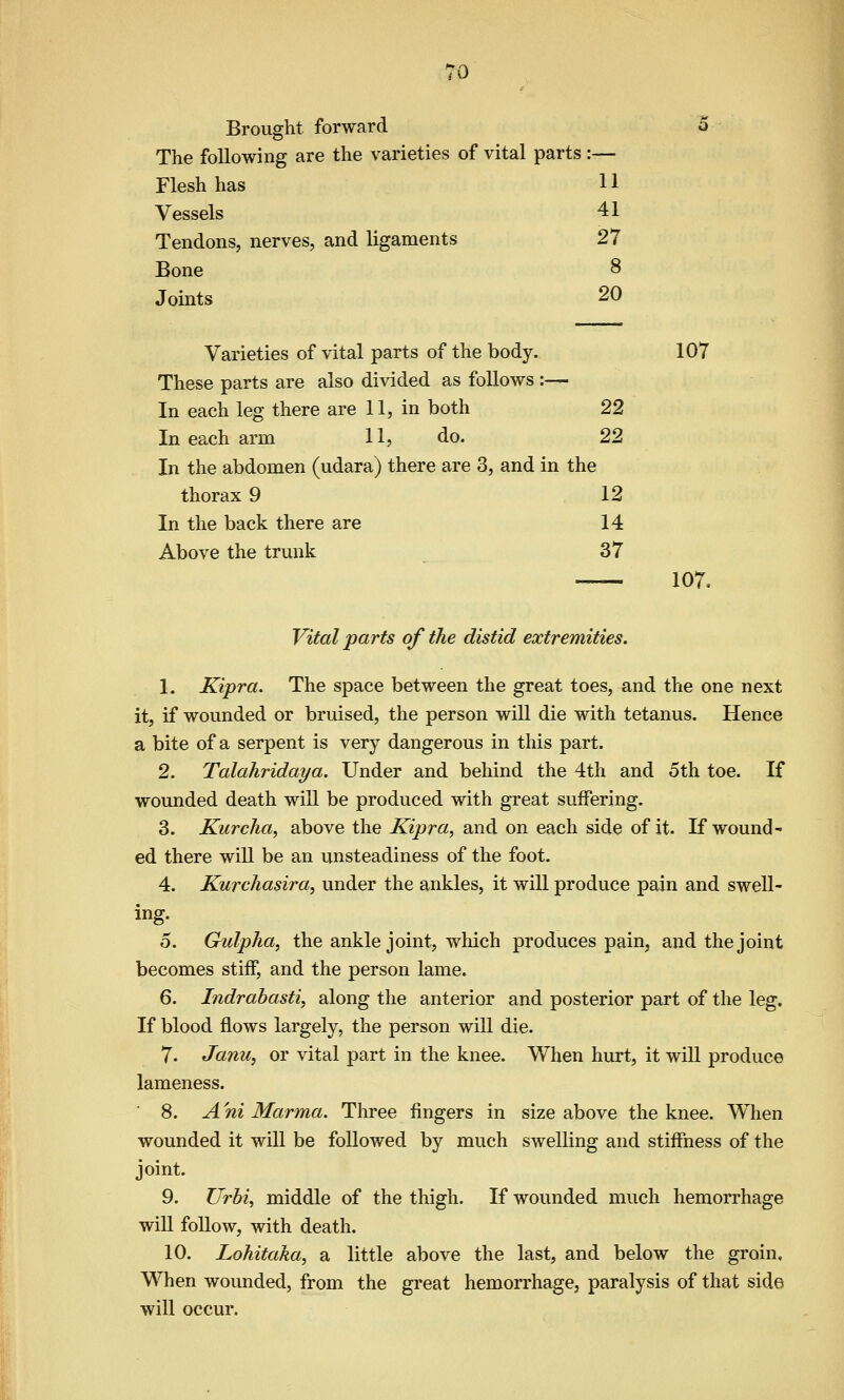 Brought forward The following are the varieties of vital parts:— Flesh has 11 Vessels 41 Tendons, nerves, and ligaments 27 Bone 8 Joints 20 Varieties of vital parts of the body. 107 These parts are also divided as follows :— In each leg there are 11, in both 22 In each arm 11, do. 22 In the abdomen (udara) there are 3, and in the thorax 9 12 In the back there are 14 Above the trunk 37 107, Vital parts of the distid extremities. 1. Kipra. The space between the great toes, and the one next it, if wounded or bruised, the person will die with tetanus. Hence a bite of a serpent is very dangerous in this part. 2. Talahridaya. Under and behind the 4th and 5th toe. If wounded death will be produced with great suifering. 3. Kurcha, above the Kipra, and on each side of it. If wound- ed there will be an unsteadiness of the foot. 4. Kurchasira, under the ankles, it will produce pain and swell- ing. o. Gulpha, the ankle joint, which produces pain, and the joint becomes stiff, and the person lame. 6. Indrabasti, along the anterior and posterior part of the leg. If blood flows largely, the person will die. 7. Janu, or vital part in the knee. When hurt, it will produce lameness. ■ 8. Ani Marma. Three fingers in size above the knee. When wounded it will be followed by much swelling and stiffness of the joint. 9. Urbi, middle of the thigh. If wounded much hemorrhage will follow, with death. 10. Lohitaka, a little above the last, and below the groin. When wounded, from the great hemorrhage, paralysis of that side will occur.