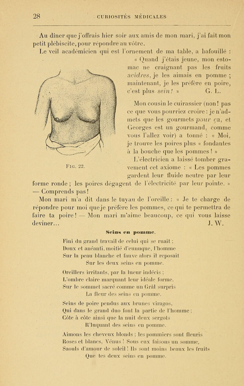 Au dîner que j'offrais hier soir aux amis de mon mari, j'ai fait mon petit plébiscite, pour répondre au vôtre. Le veil académicien qui est l'ornement de ma table, a bafouillé : « Quand j'étais jeune, mon esto- ^ mac ne craignant pas les fruits ^ ' ~ acîd?e.s, je les aimais en pomme; / \ maintenant, je les préfère en poire, c'est plus s>ein\ » G. L. Mon cousin le cuirassier (non! pas ce que vous pourriez croire : je n'ad- mets que les gourmets -pour ça, et Georges est un gourmand, comme vous l'allez voir) a tonné : « Moi, je trouve les poires plus « fondantes à la bouche que les pommes ! » L'électricien a laissé tomber gra- f'^ct. 22. vement cet axiome : « Les pommes gardent leur fluide neutre par leur forme ronde ; les poires dégagent de l'électricité par leur pointe. » — Comprends pas! Mon mari m'a dit dans le tuyau de l'oreille : « Je te charge de répondre pour moi que je préfère les pommes, ce qui te permettra de faire ta poire ! — Mon mari m'aime beaucoup, ce qui vous laisse deviner... J. W. l§cins en poniinc. Fini du grand travail de celui qui se ruait ; Doux et anéanti, moitié d'eunuque, Fliomme Sur la peau blanche et fauve alors il reposait Sur les deux seins en poiume. Oreillers irritants, par la lueur indécis ; L'ombre claire marquant leur idéale forme. Sur le sommet sacré comme un Gràl surpris La fleur des seins en pomme. Seins de poire pendus aux ])runes viragos, Qui dans le grand duo font la partie de l'homme; Côte à côte ainsi que la nuit deux sergots ll'luquant des seins en pomme. Aimons les cheA'eux blonds ; les pommiers sont fleuris Roses et blancs, Vénus ! Sous eux faisons un sommes Saouls d'amour de soleil! Ils sont moins ])eaux les fruits Que tes deux seins en pomme.