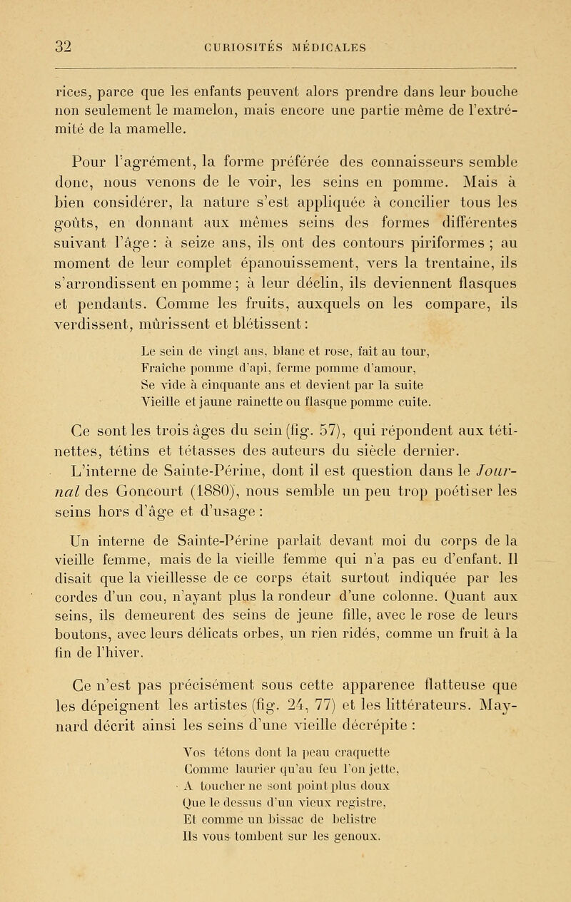 riccs, parce que les enfants peuvent alors prendre dans leur bouche non seulement le mamelon, mais encore une partie même de l'extré- mité de la mamelle. Pour ragrément, la forme préférée des connaisseurs semble donc, nous venons de le voir, les seins en pomme. Mais à bien considérer, la nature s'est appliquée à concilier tous les goûts, en donnant aux mêmes seins des formes différentes suivant l'âge : à seize ans, ils ont des contours piriformes ; au moment de leur complet épanouissement, vers la trentaine, ils s'arrondissent en pomme; à leur déclin, ils deviennent flasques et pendants. Comme les fruits, auxquels on les compare, ils verdissent, mûrissent et blétissent : Le sein de \ingi ans, blanc et rose, fait au tour, Fraîche pomme d'api, ferme pomme d'amour. Se vide à cinquante ans et devient par la suite Vieille et jaune rainette ou flasque pomme cuite. Ce sont les trois âges du sein (fîg. 57), qui répondent aux téti- nettes, tétins et tétasses des auteurs du siècle dernier. L'interne de Sainte-Périne, dont il est question dans le Jour- nal des Concourt (1880), nous semble un peu trop poétiser les seins hors d'âge et d'usage : Un interne de Sainte-Périne parlait devant moi du corps de la vieille femme, mais de la vieille femme qui n'a pas eu d'enfant. Il disait que la vieillesse de ce corps était surtout indiquée par les cordes d'un cou, n'ayant plus la rondeur d'une colonne. Quant aux seins, ils demeurent des seins de jeune fille, avec le rose de leurs boutons, avec leurs délicats orbes, un rien ridés, comme un fruit à la fm de l'hiver. Ce n'est pas précisément sous cette apparence flatteuse que les dépeignent les artistes (fig. 24, 77) et les littérateurs. May- nard décrit ainsi les seins d'une vieille décrépite : Vos tétons dont la peau craquette Comme laurier qu'au feu l'on jette, • A toucher ne sont point plus doux Que le dessus d'un vieux registre, Et comme ini bissac de helistrc Ils vous tombent sur les eenoux.