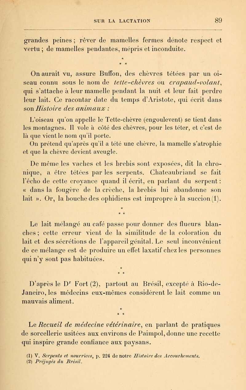 grandes peines ; rêver de mamelles fermes dénote respect et vertu ; de mamelles pendantes, mépris et inconduite. On aurait vu, assure Buffon, des chèvres tétées par un oi- seau connu sous le nom de tette-chèvres ou crapaud-volant^ qui s'attache à leur mamelle pendant la nuit et leur fait perdre leur lait. Ce racontar date du temps d'Aristote, qui écrit dans son Histoire des animaux : L'oiseau qu'on appelle le Tette-clièvre (engoulevent) se tient dans les montagnes, 11 vole à côté des chèvres, pour les téter, et c'est de là que vient le nom qu'il porte. On prétend qu'après qu'il a tété une chèvre, la mamelle s'atrophie et que la chèvre devient aveugle. De même les vaches et les brebis sont exposées, dit la chro- nique, a être tétées par les serpents. Chateaubriand se fait l'écho de cette croyance quand il écrit, en parlant du serpent : « dans la fougère de la crèche, la brebis lui abandonne son lait ». Or, la bouche des ophidiens est impropre à la succion (1). Le lait mélangé au café passe pour donner des flueurs blan- ches ; cette erreur vient de la similitude de la coloration du lait et des sécrétions de l'appareil génital. Le seul inconvénient de ce mélange est de produire un effet laxatif chez les personnes qui n'y sont pas habituées. D'après le D* Fort (2), partout au Brésil, excepté à Rio-de- Janeiro, les médecins eux-mêmes considèrent le lait comme un mauvais aliment. Le Recueil de médecine vétérinaire^ en parlant de pratiques de sorcellerie usitées aux environs de Paimpol, donne une recette qui inspire grande confiance aux paysans. (1) V. Serpents et nourrices, p. 224 de notre Histoire des Accouoîiements. (2) Préjugés du Brésil.