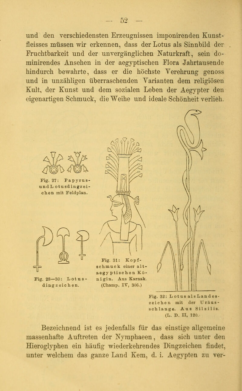 und den verschiedensten Erzeugnissen imponirenden Kunst- fleisses müssen wir erkennen, dass der Lotus als Sinnbild der Fruchtbarkeit und der unvergänglichen Naturkraft, sein do- minirendes Ansehen in der aegyptischen Flora Jahrtausende hindurch bewahrte, dass er die höchste Yerehrung genoss und in unzähligen überraschenden Yarianten dem religiösen Kult, der Kunst und dem sozialen Leben der Aegypter den eigenartigen Schmuck, die Weihe und ideale Schönheit verlieh. Fig. 27: Papyrus- undL otusdingzei- chen mit Eeldplan. o ^ Ä i ir Fig. 28—30: Lotus ding z eich en. Fig. 31: Kopf- schmuck einer alt- aegyptischen Kö- nigin. Aus Karnak. (Champ. IV, 306.) Fig. 32: L otus als Landes- zeichen mit der Uräus- Bchlange. Aus Silsilis. (L. D. II, 120. Bezeichnend ist es jedenfalls für das einstige allgemeine massenhafte Auftreten der iSVmphaeen, dass sich unter den Hieroglyphen ein häufig wiederkehrendes Dingzeichen findet, unter welchem das ganze Land Kem, d. i. Aegypten zu ver-