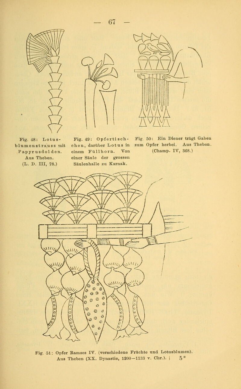 oaa, Fig. 48: Lotus- Fig. 49: Opfertiscli- Fig. 50: Ein Diener trägt Gaben blumenstrauss mit eben, darüber Lotus in zum Opfer berbei. Aus Tbeben. Papyrusdolden. einem Füllborn. Von (Champ. IV, 368.) Aus Tbeben. einer Säule der grossen (L. D. III, 78.) Säulenhalle zu Karnak. Fig. 51: Opfer Ramses IV. (verschiedene Früchte und Lotusblumen). Aus Tbeben (XX. Dynastie, 1200—1133 v. Chr.). | 5*