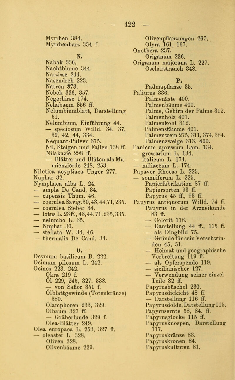 Myrrhen 384. Myrrhenharz 354 f. Nabak 336. Nachtblume 344. Narzisse 244. Nasendreh 223. Natron »73. Nebek 336, 357. Negerhirse 174. Nehabaum 356 if. Nelumbiumblatt, Darstellung 51. Nelumbium, Einführung 44. — speciosum Willd. 34, 37, 39, 42, 44, 334. Nequant-Pulver 375. Nil, Steigen und Fallen 138 ff. Nilakazie 298 ff. — Blätter und Blüten als Mu- mienzierde 248, 253. Nilotica aeyptiaca Unger 277. Nuphar 32. Nymphaea alba L. 24. — ampla De Cand. 34. — capensis Thum. 46. — coeruleaSavig.30,43,44,71,235. — coerulea Sieber 34. — lotusL.23ff., 43,44,71.235,335. — nelumbo L. 35. — Nuphar 30. — stellata W. 34, 46. — thermalis De Cand. 34. 0. Oeymum basilicum B. 222. Ocimum pilosum L. 242. Ocinos 223, 242. Okra 219 f. Öl 229, 245, 327, 338. — von Saflor 351 f. Ölblattgewinde (Totenkränze) 380. Ölamphoren 233, 329. Ölbaum 327 ff. — Gräberfunde 329 f. Olea-Blätter 249. Olea europaea L. 253, 327 ff. — Oleaster L. 328. Oliven 328. Olivenbäume 229. Olivenpflanzungen 262. Olyra 161, 167. Onothera 237. Origanum 236. Origanum majorana L. 227. Oscharstrauch 348. Padmapflanze 35. Paliurus 336. Palmenäste 400. Palmenbäume 400. Palme, Gehirn der Palme 312. Palmenholz 401. Palmenkohl 312. Palmen stamme 401. Palmenwein 275, 311, 374, 384. Palmenzweige 313, 400. Panicum apressum Lam. 134. — grossarium L. 134. — italicum L. 174. — miliaceum L. 174. Papaver Rhoeas L. 225. — somniferum L. 225. Papierfabrikation 87 ff. Papiersorten 93 ff. Papyrus 45 ff., 93 ff. Papyrus antiquorum Willd. 74 ff. Papyrus in der Arzneikunde 83 ff. — Colorit 118. — Darstellung 44 ff., 115 ff — als Dingbild 75. — Gründe für sein Verschwin- den 45, 51. — Heimat und geographische Verbreitung 119 ff. — als Opferspende 119. — sicilianischer 127. — Verwendung seiner einzel Teile 82 ff. Papyrusbüschel 230. Papyrusdickicht 48 ff. — Darstellung 116 ff. Papyrusdolde, Darstellung 115. Papyrusernte 58, 84. ff. Papyrusglocke 115 ff. Papyrusknospen, Darstellung 117. Papyruskränze 83. Papyruskronen 84. Papyruskulturen 81.
