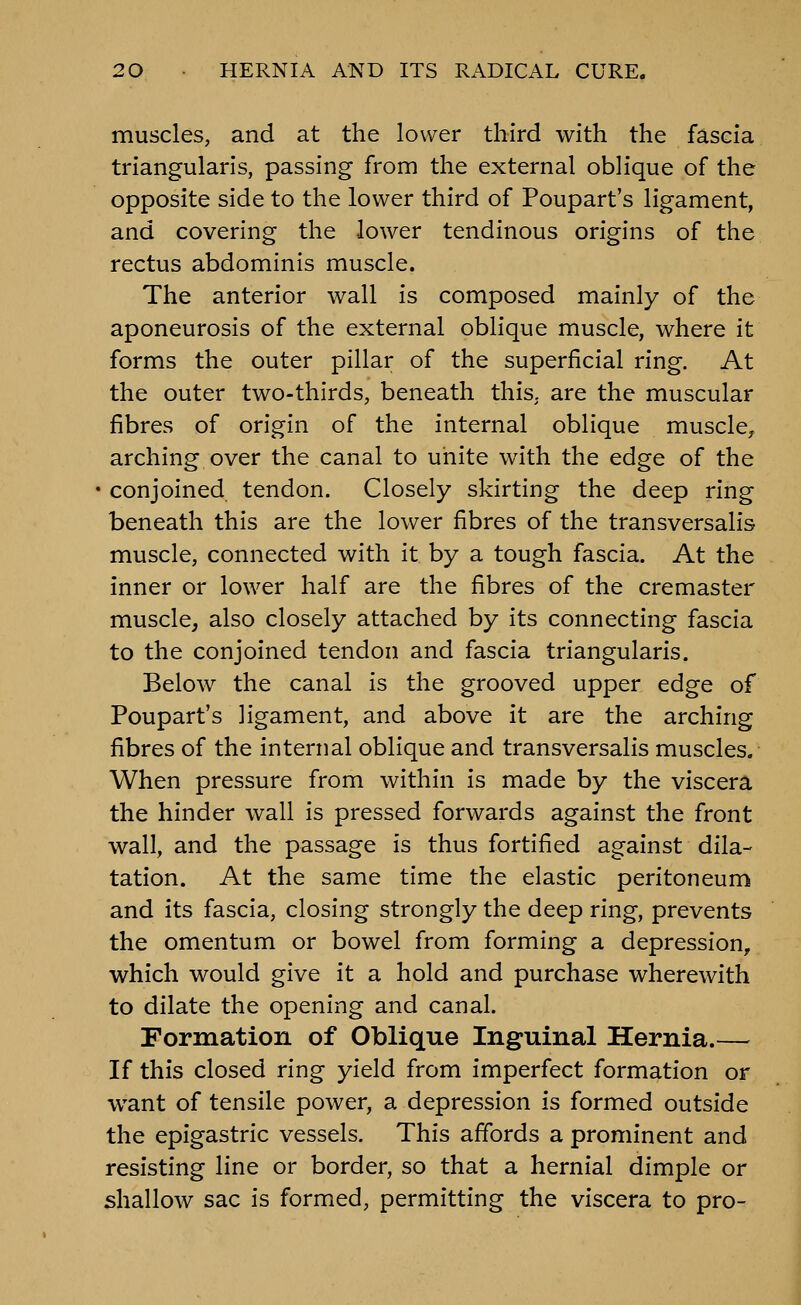 muscles, and at the lower third with the fascia triangularis, passing from the external oblique of the opposite side to the lower third of Poupart's ligament, and covering the lower tendinous origins of the rectus abdominis muscle. The anterior wall is composed mainly of the aponeurosis of the external oblique muscle, where it forms the outer pillar of the superficial ring. At the outer two-thirds, beneath this, are the muscular fibres of origin of the internal oblique muscle^ arching over the canal to unite with the edge of the ■ conjoined tendon. Closely skirting the deep ring beneath this are the lower fibres of the transversalis muscle, connected with it by a tough fascia. At the inner or lower half are the fibres of the cremaster muscle, also closely attached by its connecting fascia to the conjoined tendon and fascia triangularis. Below the canal is the grooved upper edge of Poupart's ligament, and above it are the arching fibres of the internal oblique and transversalis muscles. When pressure from within is made by the viscera the hinder wall is pressed forwards against the front wall, and the passage is thus fortified against dila- tation. At the same time the elastic peritoneum and its fascia, closing strongly the deep ring, prevents the omentum or bowel from forming a depression, which would give it a hold and purchase wherewith to dilate the opening and canal. Formation of Oblique Inguinal Hernia.— If this closed ring yield from imperfect formation or want of tensile power, a depression is formed outside the epigastric vessels. This affords a prominent and resisting line or border, so that a hernial dimple or shallow sac is formed, permitting the viscera to pro-
