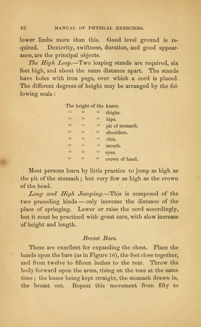 lower limbs more than this. Good level ground is re- quired. Dexterity, swiftness, duration, and good appear- ance, are the principal objects. The High Leap.—Two leaping stands are required, six feet high, and about the same distance apart. The stands have holes with iron pegs, over which a cord is placed. The different degrees of height may be arranged by the fol- lowing scale: The height of the knees. a it  thighs. a it *' hips. tt t  pit of stomach. a < t  shoulders. tt :t  chin. a J '; mouth. a a  eyes. tt t t  crown of head. Most persons learn by little practice to jump as high as the pit of the stomach; but very few as high as the crown of the head. Long and High Jumping.—This is composed of the two preceding kinds — only increase the distance of the place of springing. Lower or raise the cord accordingly, but it must be practiced with great care, with slow increase of height and length. Breast Bars. These are excellent for expanding the chest. Place the hands upon the bars (as in Figure 16), the feet close together, and from twelve to fifteen inches to the rear. Throw the body forward upon the arms, rising on the toes at the same time ; the knees being kept straight, the stomach drawn in, the breast out. Repeat this movement from fifty to