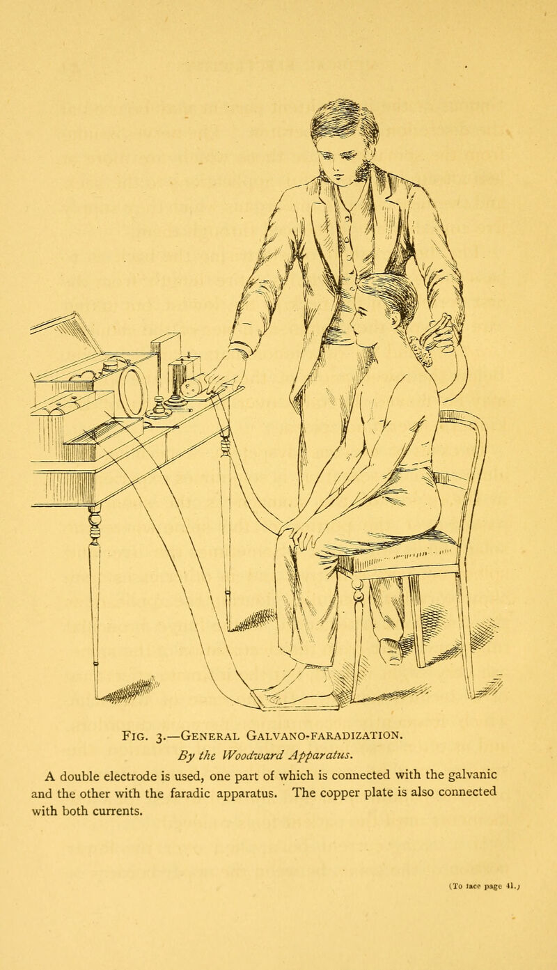 Fig. 3.—General Galvano-faradization. By the Woodward Apparatus. A double electrode is used, one part of which is connected with the galvanic and the other with the faradic apparatus. The copper plate is also connected with both currents. (To l«cp page 41.;