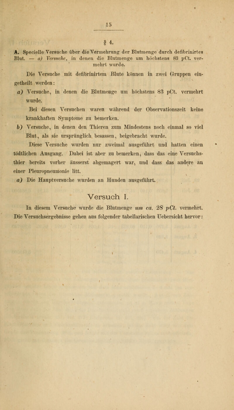 § 4. A. Specielle Versuche über die Vermehrung der Blutmenge durch defibrinirtes Blut. — a) Versuche, in denen die Blutmenge um höchstens 83 pCt. ver- mehrt wurde. Die Versuche mit defibrinirtem Blute können in zwei Gruppen ein- geteilt wrerden: a) Versuche, in denen die Blutmenge um höchstens 83 pCt. vermehrt wurde. Bei diesen Versuchen waren während der Observationszeit keine krankhaften Symptome zu bemerken. b) Versuche, in denen den Thieren zum Mindestens noch einmal so viel Blut, als sie ursprünglich besassen, beigebracht wurde. Diese Versuche wurden nur zweimal ausgeführt und hatten einen tödtlichen Ausgang. Dabei ist aber zu bemerken, dass das eine Versuchs- thier bereits vorher äusserst abgemagert war, und dass das andere an einer Pleuropneumonie litt. a) Die Hauptversuche wurden an Hunden ausgeführt. Versuch I. In diesem Versuche wurde die Blutmenge um ca. 28 pCt. vermehrt. Die Versuchsergebnisse gehen aus folgender tabellarischen Uebersicht hervor: