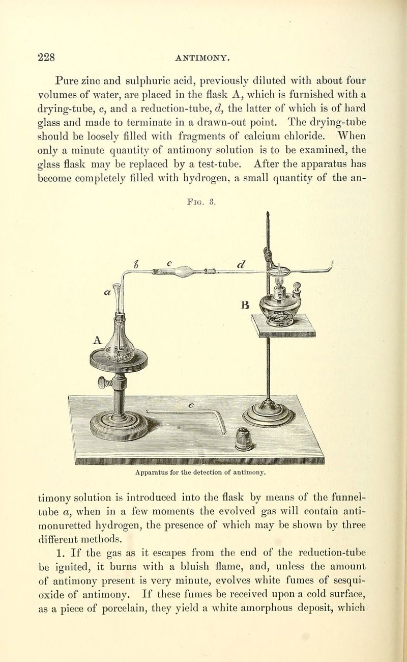 Pure zinc and sulphuric acid, previously diluted with about four volumes of water, are placed in the flask A, which is furnished with a drying-tube, c, and a reduction-tube, d, the latter of which is of hard glass and made to terminate in a drawn-out point. The drying-tube should be loosely filled with fragments of calcium chloride. When only a minute quantity of antimony solution is to be examined, the glass flask may be replaced by a test-tube. After the apparatus has become completely filled with hydrogen, a small quantity of the an- Fig. 3. Apparatus for the detection of antimony. timony solution is introduced into the flask by means of the funnel- tube a, when in a few moments the evolved gas will contain anti- monuretted hydrogen, the presence of which may be shown by three different methods. 1. If the gas as it escapes from the end of the reduction-tube be ignited, it burns with a bluish flame, and, unless the amount of antimony present is very minute, evolves white fumes of sesqui- oxide of antimony. If these fumes be received upon a cold surface, as a piece of porcelain, they yield a white amorphous deposit, which