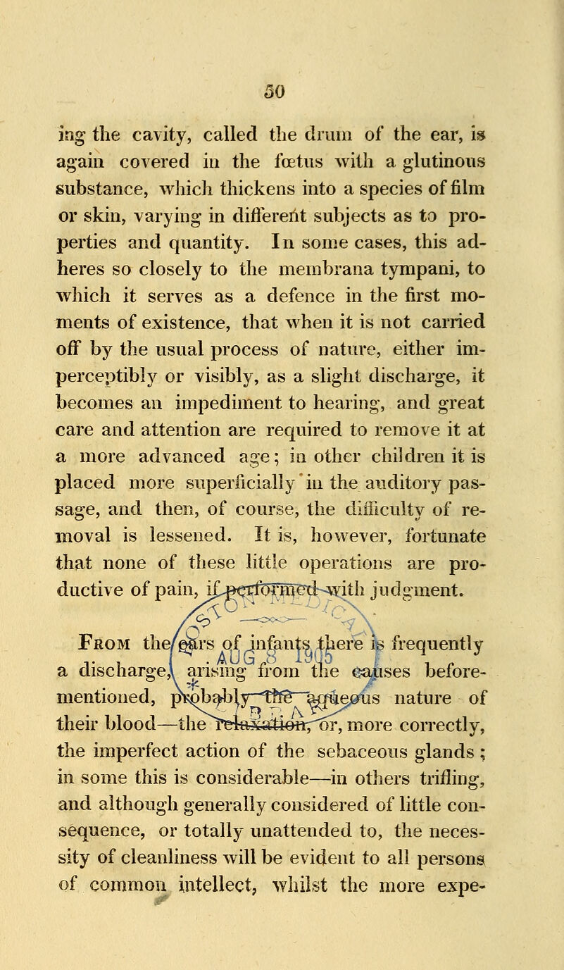 30 ing the cavity, called the drum of the ear, is again covered in the foetus with a glutinous substance, which thickens into a species of film or skin, varying in different subjects as to pro- perties and quantity. In some cases, this ad- heres so closely to the membrana tympani, to which it serves as a defence in the first mo- ments of existence, that when it is not carried off by the usual process of nature, either im- perceptibly or visibly, as a slight discharge, it becomes an impediment to hearing, and great care and attention are required to remove it at a more advanced age; in other children it is placed more superficially in the auditory pas- sage, and then, of course, the difficulty of re- moval is lessened. It is, however, fortunate that none of these little operations are pro- ductive of pain, i|!^e^rfioTnHrdswith judgment. From the/ggrs of infants there i$ frequently a discharge! arising from the clauses before- mentioned, pKQ^a43ly--!ttfe*~a^iej^Us nature of their blood—the^ekrkkttien^or, more correctly, the imperfect action of the sebaceous glands ; in some this is considerable—in others trifling, and although generally considered of little con- sequence, or totally unattended to, the neces- sity of cleanliness will be evident to all persons of common intellect, whilst the more expe-