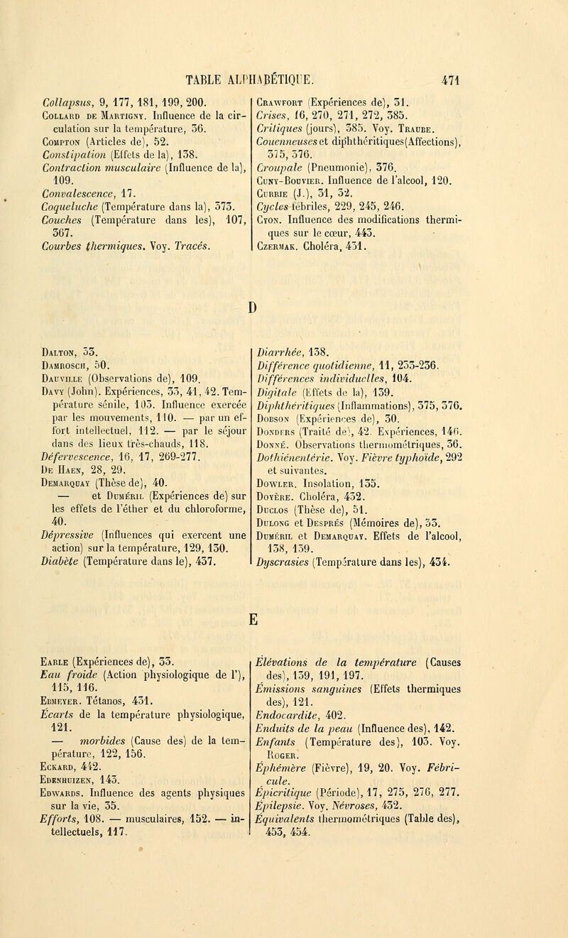 Collapsus, 9, 177, 181, 199, 200. Collard de Martigny. Influence de la cir- culation sur la température, 56. Compton (Articles de), 52. Constipation (Effets delà), 158. Contraction musculaire (Influence de la), 109. Convalescence, 17. Coqueluche (Température dans la), 575. Couches (Température dans les), 107, 367. Courbes thermiques. Voy. Tracés. Crawfort (Expériences de), 51. Crises, 16, 270, 271, 272, 385. Critiques (jours), 585. Voy. Traube. Couenneuseset diphthéritiques(Affections), 575,376. Croupale (Pneumonie), 376. Cuny-Bohvier. Influence de l'alcool, 120. Gurrie (J.), 31, 32. Cycles fébriles, 229, 245, 246. Cyon. Influence des modifications thermi- ques sur le cœur, 443. Czermak. Choléra, 431. Dalton, 53. Damrosch, 50. Dauville (Observalions de), 109. Davy (John). Expériences, 35, 41, 42. Tem- pérature sénile, 105. Influence exercée par les mouvements, 110. — par un ef- fort intellectuel, 112. — par le séjour dans des lieux très-chauds, 118. Défervescence, 16, 17, 269-277. De HaeN, 28, 29. Demarqday (Thèse de), 40. — et Duméril (Expériences de) sur les effets de l'éther et du chloroforme, 40. Dépressive (Influences qui exercent une action) sur la température, 129,130. Diabète (Température dans le), 457. Diarrhée, 138. Différence quotidienne, 11, 255-236. Différences individuelles, 104. Digitale (Effets de la), 139. Diphthéritiques (Inflammations), 375, 576. Dobson (Expériences de), 50. Donders (Traité de), 42. Expériences, 14(i. Donné. Observations therniométriques, 56. Dothiénentérie. Voy. Fièvre typhoïde, 292 et suivantes. Dowler. Insolation, 155. Doyère. Choléra, 452. Duclos (Thèse de), 51. Dulong et Després (Mémoires de), 55. Ddméril et Demarquay. Effets de l'alcool, 158, 159. Dyscrasies (Température dans les), 434. E Earle (Expériences de), 33. Eau froide (Action physiologique de 1'), 115, 116. Ebmeyer. Tétanos, 431. Écarts de la température physiologique, 121. — morbides (Cause des) de la tem- pérature, 122, 156. Eckard, 442. Edenhuizen, 145. Edwards. Influence des agents physiques sur la vie, 35. Efforts, 108. — musculaires, 152. — in- tellectuels, 117. Elévations de la température (Causes des), 139, 191,197. Emissions sanguines (Effets thermiques des), 121. Endocardite, 402. Enduits de la peau (Influence des), 142. Enfants (Température des), 103. Voy. Roger. Éphémère (Fièvre), 19, 20. Voy. Fébri- cule. Épicritique (Période), 17, 275, 276, 277. Épilepsie. Voy. Névroses, 452. Équivalents thermométriques (Table des), 453, 454.