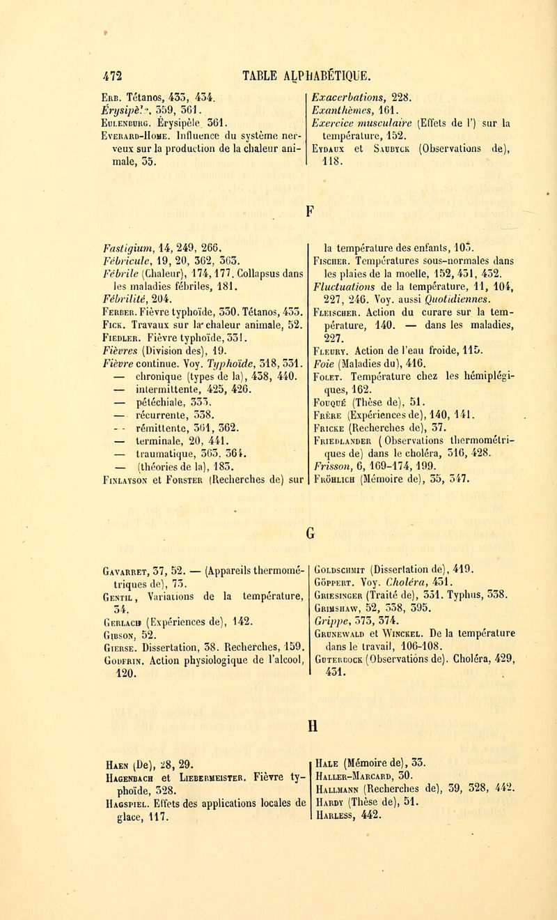 Erb. Tétanos, 433, 434. Érysipèlz, 359, 561. Eulenburg. Érysipèle 361. Everard-Home. Influence du système ner- veux sur la production de la chaleur ani- male, 35. Exacerbations, 228. Exanthèmes, 161. Exercice musculaire (Effets de 1') sur la température, 152. Eydaux et Saubyck (Observations de), 118. Fastigium, 14, 249, 266. Fébricule, 19, 20, 362, 365. Fébrile (Chaleur), 174,177. Collapsus dans les maladies fébriles, 181. Fébrilité, 204. Ferber. Fièvre typhoïde, 530. Tétanos, 435. Fick. Travaux sur la* chaleur animale, 52. Fiedler. Fièvre typhoïde, 331. Fièvres (Division des), 19. Fièvre continue. Voy. Typhoïde, 318, 551. — chronique (types de la), 438, 440. — intermittente, 425, 426. — péléchiale, 353. — récurrente, 558. — - rémittente, 561, 562. — terminale, 20, 441. — traumatique, 565. 364. — (théories de la), 183. Finlayson et Forster (Recherches de) sur la température des enfants, 103. Fischer. Températures sous-normales dans les plaies de la moelle, 152, 451, 452. Fluctuations de la température, 11, 104, 227, 246. Voy. aussi Quotidiennes. Fleischer. Action du curare sur la tem- pérature, 140. — dans les maladies, 227. Fleury. Action de l'eau froide, 115. Foie (Maladies du), 416. Folet. Température chez les hémiplégi- ques, 162. Fouqué (Thèse de), 51. Frère (Expériences de), 140, 141. Fricke (Recherches de), 37. Friedlander ( Observations thermométri- ques de) dans le choléra, 516, 428. Frisson, 6, 169-174, 199. Frôhlich (Mémoire de), 35, 547. Gavarret, 37, 52. — (Appareils thermomé- triques de), 75. Gentil , Variations de la température, 54. Gerlac» (Expériences de), 142. Gibson, 52. Gierse. Dissertation, 58. Recherches, 159. Goufrin. Action physiologique de l'alcool, 120. Goldsciimit (Dissertation de), 419. Gôppert. Voy. Choléra, 451. Griesinger (Traité de), 551. Typhus, 558. Grimshaw, 52, 558, 595. Grippe, 575, 574. Grdnewald et Winckel. De la température dans le travail, 106-108. Gotercock (Observations de). Choléra, 429, 451. Il Haen (De), 28, 29. Hagenbach et Liebermeister. Fièvre ty- phoïde, 328. Hagspiel. Effets des applications locales de glace, 117. Haie (Mémoire de), 33. Haller-Marcard, 30. Hallmann (Recherches de), 59, 328, 442. Hardy (Thèse de), 51. Harless, 442.