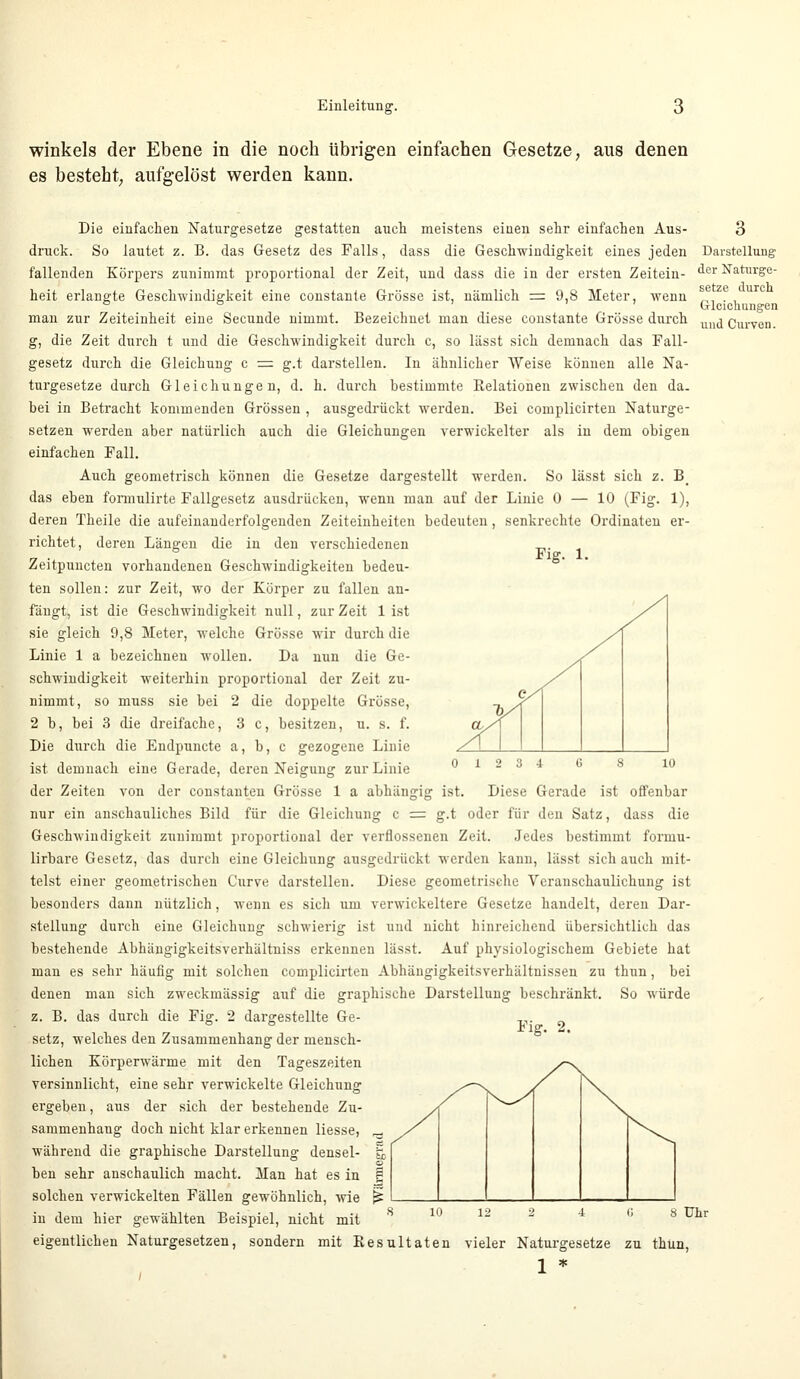 winkeis der Ebene in die noch übrigen einfachen Gesetze, aus denen es besteht, aufgelöst werden kann. Die einfachen Naturgesetze gestatten auch meistens einen sehr einfachen Aus- 3 druck. So lautet z. B. das Gesetz des Falls, dass die Geschwindigkeit eines jeden Darstellung Fig. 1. fallenden Körpers zunimmt proportional der Zeit, und dass die in der ersten Zeitein- heit erlangte Geschwindigkeit eine constante Grösse ist, nämlich = 9,8 Meter, wenn man zur Zeiteinheit eine Secunde nimmt. Bezeichnet man diese constante Grösse durch g, die Zeit durch t und die Geschwindigkeit durch c, so lässt sich demnach das Fall- gesetz durch die Gleichung c = g.t darstellen. In ähnlicher Weise können alle Na- turgesetze durch Gleichungen, d. h. durch bestimmte Relationen zwischen den da. bei in Betracht kommenden Grössen , ausgedrückt werden. Bei complicirten Naturge- setzen werden aber natürlich auch die Gleichungen verwickelter als in dem obigen einfachen Fall. Auch geometrisch können die Gesetze dargestellt werden. So lässt sich z. B das eben formulirte Fallgesetz ausdrücken, wenn man auf der Linie 0 — 10 (Fig. 1), deren Theile die aufeinanderfolgenden Zeiteinheiten bedeuten, senkrechte Ordinaten er- richtet, deren Längen die in den verschiedenen Zeitpuncten vorhandenen Geschwindigkeiten bedeu- ten sollen: zur Zeit, wo der Körper zu fallen an- fängt, ist die Geschwindigkeit null, zur Zeit 1 ist sie gleich 9,8 Meter, welche Grösse wir durch die Linie 1 a bezeichnen wollen. Da nun die Ge- schwindigkeit weiterhin proportional der Zeit zu- nimmt, so muss sie bei 2 die doppelte Grösse, 2 b, bei 3 die dreifache, 3 c, besitzen, u. s. f. Die durch die Endpuncte a, b, c gezogene Linie ist demnach eine Gerade, deren Neigung zur Linie 0 i 2 3 4 6 8 10 der Zeiten von der constanteu Grösse 1 a abhängig ist. Diese Gerade ist offenbar nur ein anschauliches Bild für die Gleichung c = g.t oder für den Satz, dass die Geschwindigkeit zunimmt proportional der verflossenen Zeit. Jedes bestimmt formu- lirbare Gesetz, das durch eine Gleichung ausgedrückt werden kann, lässt sich auch mit- telst einer geometrischen Curve darstellen. Diese geometrische Veranschaulichung ist besonders dann nützlich, wenn es sich um verwickeitere Gesetze handelt, deren Dar- stellung durch eine Gleichung schwierig ist und nicht hinreichend übersichtlich das bestehende Abhängigkeitsverhältniss erkennen lässt. Auf physiologischem Gebiete hat man es sehr häufig mit solchen complicirten Abhängigkeitsverhältnissen zu thun, bei denen man sich zweckmässig auf die graphische Darstellung beschränkt. So würde z. B. das durch die Fig. 2 dargestellte Ge- setz, welches den Zusammenhang der mensch- lichen Körperwärme mit den Tageszeiten versinnlicht, eine sehr verwickelte Gleichung ergeben, aus der sich der bestehende Zu- sammenhang doch nicht klar erkennen Hesse, ^ während die graphische Darstellung densel- ä ben sehr anschaulich macht. Man hat es in £ solchen verwickelten Fällen gewöhnlich, wie p£ in dem hier gewählten Beispiel, nicht mit eigentlichen Naturgesetzen, sondern mit Resultaten vieler Naturgesetze zu thun, 1 * der Naturge- setze durch Gleichungen und Curven. Fig. 2. ö Uhr