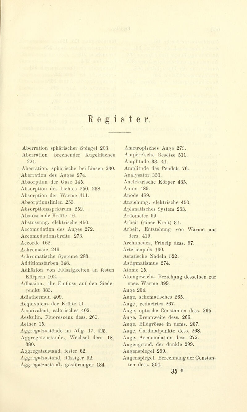 Register. Aberration sphärischer Spiegel 203. Aberration brechender Kngelflächen 221. Aberration, sphärische bei Linsen 230. Aberration des Auges 274. Absorption der Gase 145. Absorption des Lichtes 250, 258. Absorption der Wärme 411. Absorptionslinien 253. Absorptionsspektrum 252. Abstossende Kräfte 16. Abstossung, elektrische 450. Accomodation des Auges 272. Accomodationsbreite 273. Accorde 162. Achromasie 246. Achromatische Systeme 283. Additionsfarben 348. Adhäsion von Flüssigkeiten an festen Körpern 102. Adhäsion, ihr Einfluss auf den Siede- punkt 383. Adiatherman 409. Aequivalenz der Kräfte 11. Aecprivalent, calorisches 402. Aeskulin, Fluorescenz dess. 261. Aether 15. Aggregatzustände im Allg. 17, 425. Aggregatzustände, Wechsel ders. 18. 380. Aggregatzustand, fester 62. Aggregatzustand, flüssiger 92. Aggregatzustand, gasförmiger 134. Ametropisches Auge 273. Ampere'sche Gesetze 511. Amplitude 33, 41. Amplitude des Pendels 76. Analysator 353. Anelektrische Körper 435. Anion 489. Anode 489. Anziehung, elektrische 450. Apianatisches System 283. Aräometer 99. Arbeit (einer Kraft) 31. Arbeit, Entstehung von Wärme aus ders. 419. Archimedes, Princip dess. 97. Arterienpuls 130. Astatische Nadeln 522. Astigmatismus 274. Atome 15. Atomgewicht, Beziehung desselben zur spec. Wärme 399. Auge 264. Auge, schematisches 265. Auge, reducirtes 267. Auge, optische Constanten dess. 265. Auge, Brennweite dess. 266. Auge, Bildgrösse in dems. 267. Auge, Cardinalpunkte dess. 268. Auge, Accomodation dess. 272. Augengrund, der dunkle 299. Augenspiegel 299. Augenspiegel, Berechnung der Constan- ten dess. 304. 35 *