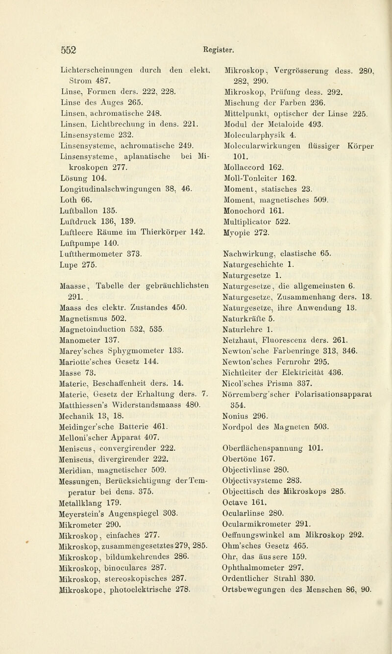 Lichterscheinungen durch den elekt. Strom 487. Linse, Formen ders. 222, 228. Linse des Auges 265. Linsen, achromatische 248. Linsen, Lichtbrechung in dens. 221. Linsensysteme 232. Linsensysteme, achromatische 249. Linsensysteme, aplanatische bei Mi- kroskopen 277. Lösung 104. Longitudinalschwingungen 38, 46. Loth 66. Luftballon 135. Luftdruck 136, 139. Luftleere Räume im Thierkörper 142. Luftpumpe 140. Luftthermometer 373. Lupe 275. Maasse, Tabelle der gebräuchlichsten 291. . Maass des elektr. Zustandes 450. Magnetismus 502. Magnetoinduction 532, 535. Manometer 137. Marey'sches Sphygmometer 133. Mariotte'sches Gesetz 144. Masse 73. Materie, Beschaffenheit ders. 14. Materie, Gesetz der Erhaltung ders. 7. Matthiessen's Widerstandsmaass 480. Mechanik 13, 18. Meidinger'sche Batterie 461. Melloni'scher Apparat 407. Meniscus, convergirender 222. Meniscus, divergirender 222. Meridian, magnetischer 509. Messungen, Berücksichtigung der Tem- peratur bei dens. 375. Metallklang 179. Meyerstein's Augenspiegel 303. Mikrometer 290. Mikroskop, einfaches 277. Mikroskop, zusammengesetztes 279, 285. Mikroskop, bildumkehrendes 286. Mikroskop, binoculares 287. Mikroskop, stereoskopisches 287. Mikroskope, photoelektrische 278. Mikroskop, Vergrösserung dess. 280, 282, 290. Mikroskop, Prüfung dess. 292. Mischung der Farben 236. Mittelpunkt, optischer der Linse 225. Modul der Metaloide 493. Molecularphysik 4. Molecularwirkungen flüssiger Körper 101. Mollaccord 162. Moll-Tonleiter 162. Moment, statisches 23. Moment, magnetisches 509. Monochord 161. Multiplicator 522. Myopie 272. Nachwirkung, elastische 65. Naturgeschichte 1. Naturgesetze 1. Naturgesetze, die allgemeinsten 6. Naturgesetze, Zusammenhang ders. 13. Naturgesetze, ihre Anwendung 13. Naturkräfte 5. Naturlehre 1. Netzhaut, Fluorescenz ders. 261. Newton'sche Farbenringe 313, 346. Newton'sches Fernrohr 295. Nichtleiter der Elektricität 436. Nicol'sches Prisma 337. Nörremberg'scher Polarisationsapparat 354. Nonius 296. Nordpol des Magneten 503. Oberflächenspannung 101. Obertöne 167. Objectivlinse 280. Objectivsysteme 283. Objecttisch des Mikroskops 285. Octave 161. Ocularlinse 280. Ocularmikrometer 291. Oeffnungswinkel am Mikroskop 292. Ohm'sches Gesetz 465. Ohr, das äussere 159. Ophthalmometer 297. Ordentlicher Strahl 330. Ortsbewegungen des Menschen 86, 90.