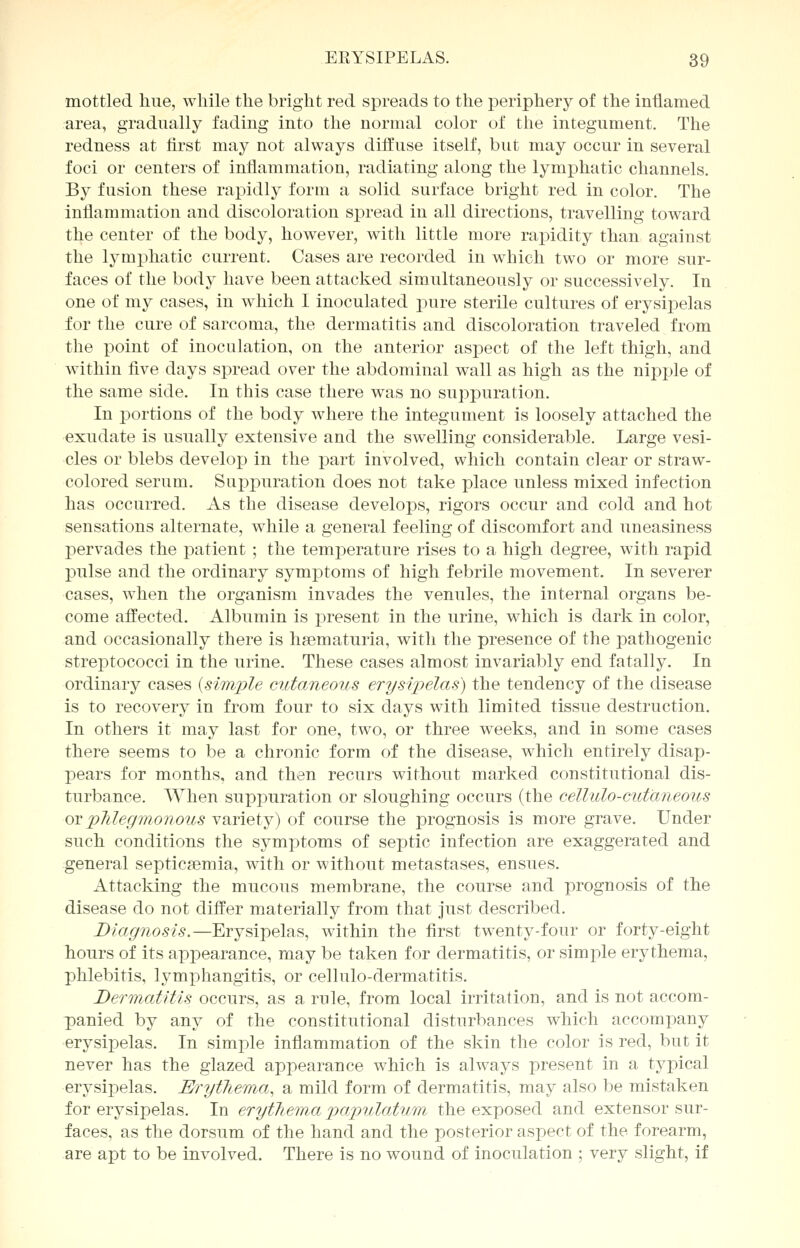 mottled hue, while the bright red spreads to the periphery of the inflamed area, gradually fading into the normal color of the integument. The redness at first may not always diffuse itself, but may occur in several foci or centers of inflammation, radiating along the lymphatic channels. By fusion these rapidly form a solid surface bright red in color. The inflammation and discoloration spread in all directions, travelling toward the center of the body, however, with little more rapidity than against the lymphatic current. Cases are recorded in which two or more sur- faces of the body have been attacked simultaneously or successively. In one of my cases, in which I inoculated pure sterile cultures of erysipelas for the cure of sarcoma, the dermatitis and discoloration traveled from the point of inoculation, on the anterior aspect of the left thigh, and within five days spread over the abdominal wall as high as the nipple of the same side. In this case there was no suppuration. In portions of the body where the integument is loosely attached the exudate is usually extensive and the swelling considerable. Large vesi- cles or blebs develop in the part involved, which contain clear or straw- colored serum. Suppuration does not take place unless mixed infection has occurred. As the disease develops, rigors occur and cold and hot sensations alternate, while a general feeling of discomfort and uneasiness pervades the patient ; the temperature rises to a high degree, with rapid pulse and the ordinary symptoms of high febrile movement. In severer cases, when the organism invades the venules, the internal organs be- come affected. Albumin is present in the urine, which is dark in color, and occasionally there is hsematuria, with the presence of the pathogenic streptococci in the urine. These cases almost invariably end fatally. In ordinary cases (simple cutaneous erysipelas) the tendency of the disease is to recovery in from four to six days with limited tissue destruction. In others it may last for one, two, or three weeks, and in some cases there seems to be a chronic form of the disease, which entirely disap- pears for months, and then recurs without marked constitutional dis- turbance. When suppuration or sloughing occurs (the cellulo-cutaneous or phlegmonous variety) of course the prognosis is more grave. Under such conditions the symptoms of septic infection are exaggerated and general septicaemia, with or without metastases, ensues. Attacking the mucous membrane, the course and prognosis of the disease do not differ materially from that just described. Diagnosis.—Erysipelas, within the first twenty-four or forty-eight hours of its appearance, may be taken for dermatitis, or simple erythema, phlebitis, lymphangitis, or cellulo-dermatitis. Dermatitis occurs, as a rule, from local irritation, and is not accom- panied by any of the constitutional disturbances which accompany erysipelas. In simple inflammation of the skin the color is red, but it never has the glazed appearance which is always present in a typical erysipelas. Erythema, a mild form of dermatitis, may also be mistaken for erysipelas. In erythema papulatum the exposed and extensor sur- faces, as the dorsum of the hand and the posterior aspect of the forearm, are apt to be involved. There is no wound of inoculation ; very slight, if