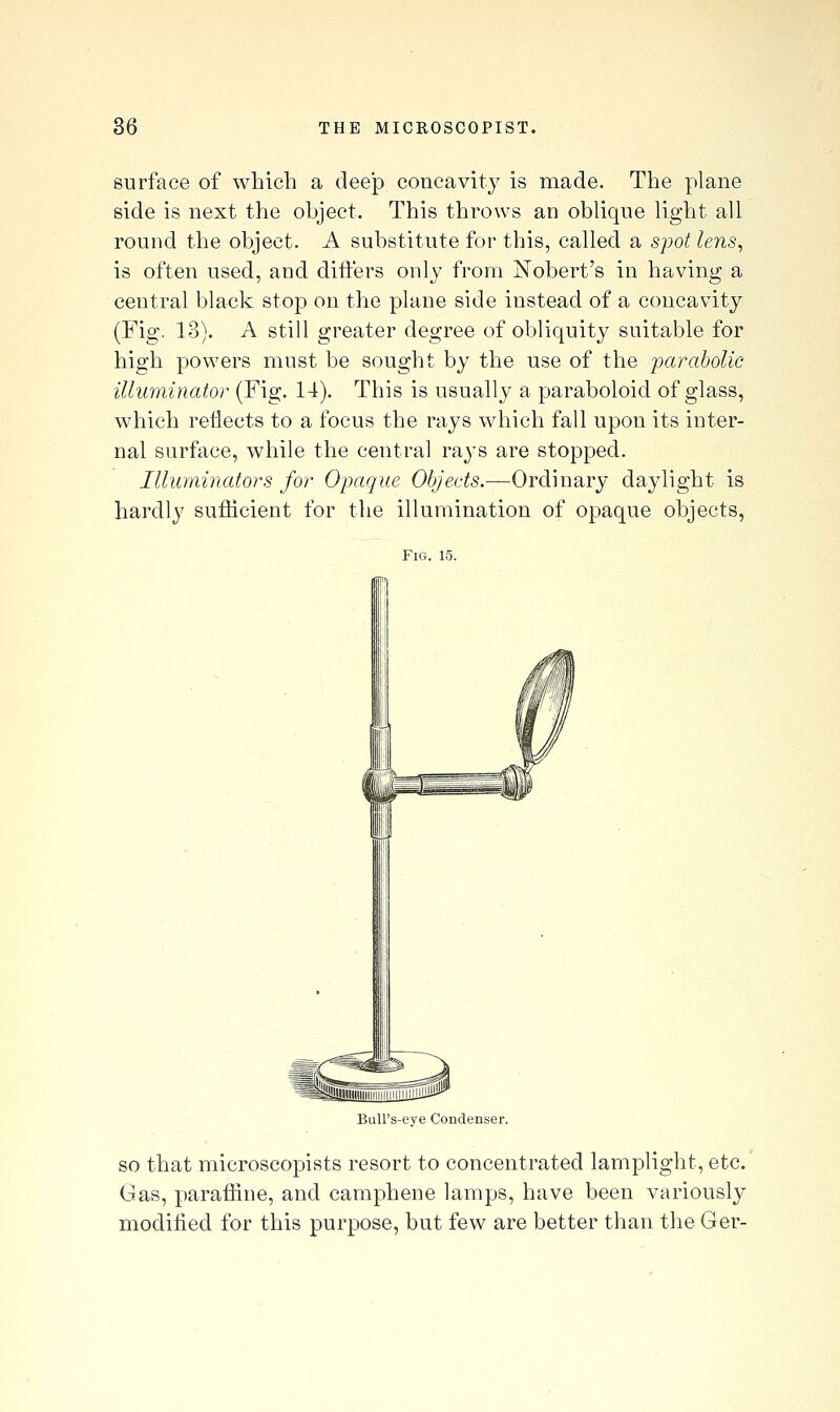 surface of which a deeJD concavity is made. The plane side is next the object. This throws an oblique light all round the object. A substitute for this, called a spot lens, is often used, and differs only from Robert's in having a central black stop on the plane side instead of a concavity (Fig. 13). A still greater degree of obliquity suitable for high powers must be sought by the use of the parabolic illuminator (Fig. 14). This is usually a paraboloid of glass, which reflects to a focus the rays which fall upon its inter- nal surface, while the central rays are stopped. Illuminators for Opaque Objects.—Ordinary daylight is hardly sufdcient for the illumination of opaque objects, Fig. 15. Bull's-eye Condenser. so that microscopists resort to concentrated lamplight, etc. Gas, paraffine, and camphene lamps, have been variously modified for this purpose, but few are better than the Ger-