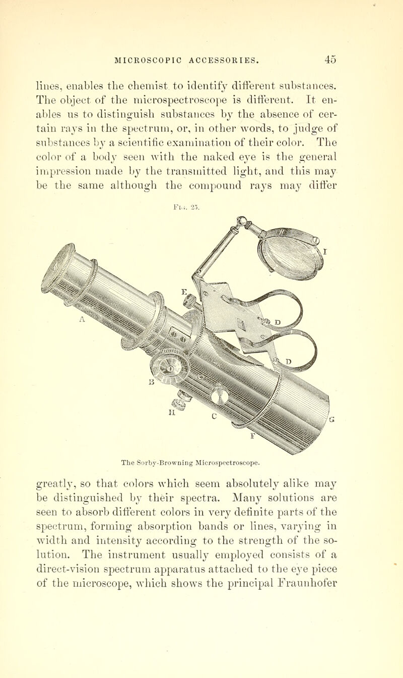 lines, enables the chemist to identify different substances. The object of the niicrospectroscope is different. It en- ables us to distinguish substances by the absence of cer- tain rajs in the spectrum, or, in other words, to judge of substances by a scientific examination of their color. The color of a body seen with the naked e^^e is the general iivipression made by the transmitted light, and this may be the same although the compound rays may differ Fi,;. -ir. \sr---^ The Sorby-Browning Microspectroscope. greath', so that colors which seem absolutely alike may be distinguished by their spectra. Many solutions are seen to absorb different colors in very definite parts of the spectrum, forming absorption bands or lines, varying in width and intensity according to the strength of the so- lution. The instrument usually employed consists of a direct-vision spectrum apparatus attached to the eye piece of the microscope, which shows the principal Fraunhofer
