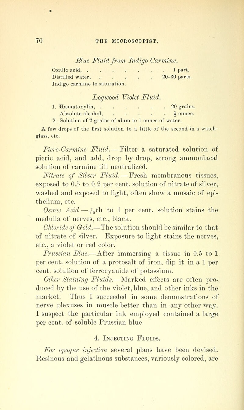 Blue Fluid from Indigo Carmine. Oxalic acid, 1 part. Distilled water, 20-30 parts. Indigo carmine to saturation. Logwood Violet Fluid. 1. Haematoxylin, ...... 20 grains. Absolute alcohol, ..... ^ ounce. 2. Solution of 2 grains of alum to 1 ounce of water. A few drops of the first solution to a little of the second in a watch- ss, etc. Picro-Carmine Fluid. — Filter a saturated solution of picric acid, and add, drop by drop, strong ammoniacal solution of carmine till neutralized. Nitrate of Silver Fluid. — Fresh membranous tissues, exposed to 0.5 to 0.2 per cent, solution of nitrate of silver, washed and exposed to light, often show a mosaic of epi- thelium, etc. Osniic Acid.—j'yth to 1 per cent, solution stains the medulla of nerves, etc., black. Chloride of Gold.—The solution should be similar to that of nitrate of silver. Exposure to light stains the nerves, etc., a violet or red color. Prussian Blue.—After immersing a tissue in 0.5 to 1 per cent, solution of a protosalt of iron, dip it in a 1 per cent, solution of ferrocjanide of i^otassiura. Other Staining Fluids.—Marked effects are often pro- duced by the use of the violet, blue, and other inks in the market. Thus I succeeded in some demonstrations of nerve plexuses in muscle better than in any other way. I suspect the particular ink employed contained a large per cent, of soluble Prussian blue. 4. Injecting Fluids. For opaq}ie injection several plans have been devised. Resinous and gelatinous substances, variously colored, are