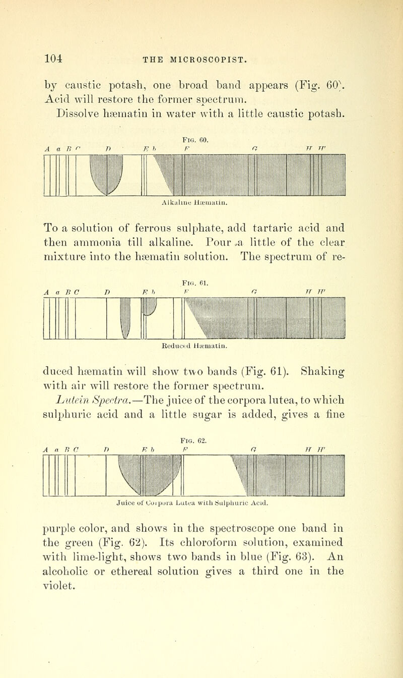 by caustic potash, one broad band appears (Fig. 60\ Acid will restore the former spectrum. Dissolve hsematiri in water with a little caustic potash. Alk.iluju ULuuiiaiu. To a solution of ferrous sulphate, add tartaric acid and then ammonia till alkaline. Pour ,a little of the clear mixture into the hsematin solution. The spectrum of re- Fi<;. ei. A a B C T) J ReducKl Ha'iiiaLii duced hsematin will show two bands (Fig. 61). Shaking with air will restore the former spectrum. hiitein Spectra.—The juice of the corpora lutea, to which sulphuric acid and a little sugar is added, gives a fine A a B c liiiliP Juice of Cuipura Lutea with Sulphuric Acid. jDurple color, and shows in the spectroscope one band in the green (Fig. 62). Its chloroform solution, examined with lime-light, shows two bands in blue (Fig. 63). An alcoholic or ethereal solution gives a third one in the violet.