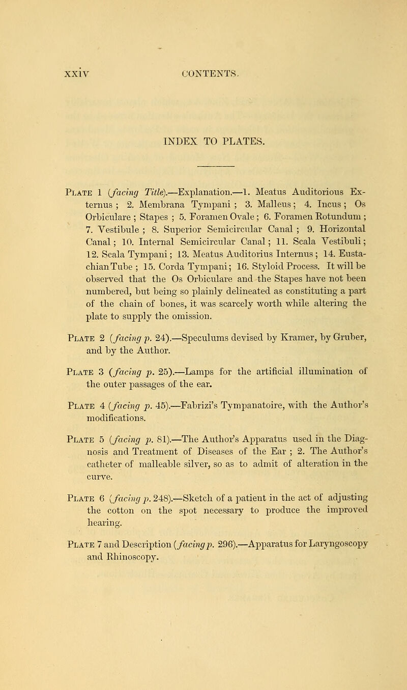 INDEX TO PLATES. Plate 1 {facing Title).—Explanation.—1. Meatus Auditorious Ex- ternus ; 2. Membrana Tympani ; 3. Malleus; 4. Incus ; Os Orbiculare ; Stapes ; 5. Foramen Ovale; 6. Foramen Rotundum ; 7. Vestibule ; 8. Superior Semicircular Canal ; 9. Horizontal Canal; 10. Internal Semicircular Canal; 11. Scala Vestibuli; 12. Scala Tympani; 13. Meatus Auditorius Internus ; 14. Eusta- chian Tube ; 15. Corda Tympani; 16. Styloid Process. It will be observed that the Os Orbiculare and the Stapes have not been numbered, but being so plainly delineated as constituting a part of the chain of bones, it was scarcely worth while altering the plate to supply the omission. Plate 2 {facing p. 24).—Speculums devised by Kramer, by Gruber, and by the Author. Plate 3 (facing p. 25).—Lamps for the artificial illumination of the outer passages of the ear. Plate 4 {facing p. 45).—Fabrizi's Tympanatoire, with the Author's modifications. Plate 5 {facing p. 81).—The Author's Apparatus used in the Diag- nosis and Treatment of Diseases of the Ear ; 2. The Author's catheter of malleable silver, so as to admit of alteration in the curve. Plate 6 {facing p. 2AS).—Sketch of a patient in the act of adjusting the cotton on the spot necessary to produce the improved hearing. Plate 7 and Description {facing p. 296).—Apparatus for Laryngoscopy and Rhinoscopy.