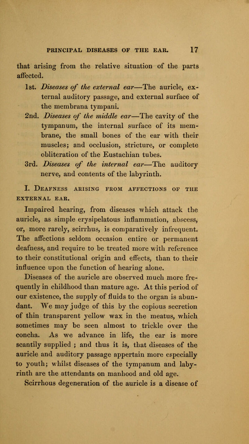 that arising from the relative situation of the parts affected. 1st. Diseases of the external ear—The auricle, ex- ternal auditory passage, and external surface of the membrana tympani. 2nd. Diseases of the middle ear—The cavity of the tympanum, the internal surface of its mem- brane, the small bones of the ear with their muscles; and occlusion, stricture, or complete obliteration of the Eustachian tubes. 3rd. Diseases of the internal ear—The auditory nerve, and contents of the labyrinth. I. Deafness arising from affections of the EXTERNAL EAR. Impaired hearing, from diseases which attack the auricle, as simple erysipelatous inflammation, abscess, or, more rarely, scirrhus, is comparatively infrequent. The affections seldom occasion entire or permanent deafness, and require to be treated more with reference to their constitutional origin and effects, than to their influence upon the function of hearing alone. Diseases of the auricle are observed much more fre- quently in childhood than mature age. At this period of our existence, the supply of fluids to the organ is abun- dant. We may judge of this by the copious secretion of thin transparent yellow wax in the meatus, which sometimes may be seen almost to trickle over the concha. As we advance in life, the ear is more scantily supplied ; and thus it is, that diseases of the auricle and auditory passage appertain more especially to youth; whilst diseases of the tympanum and laby- rinth are the attendants on manhood and old age. Scirrhous degeneration of the auricle is a disease of
