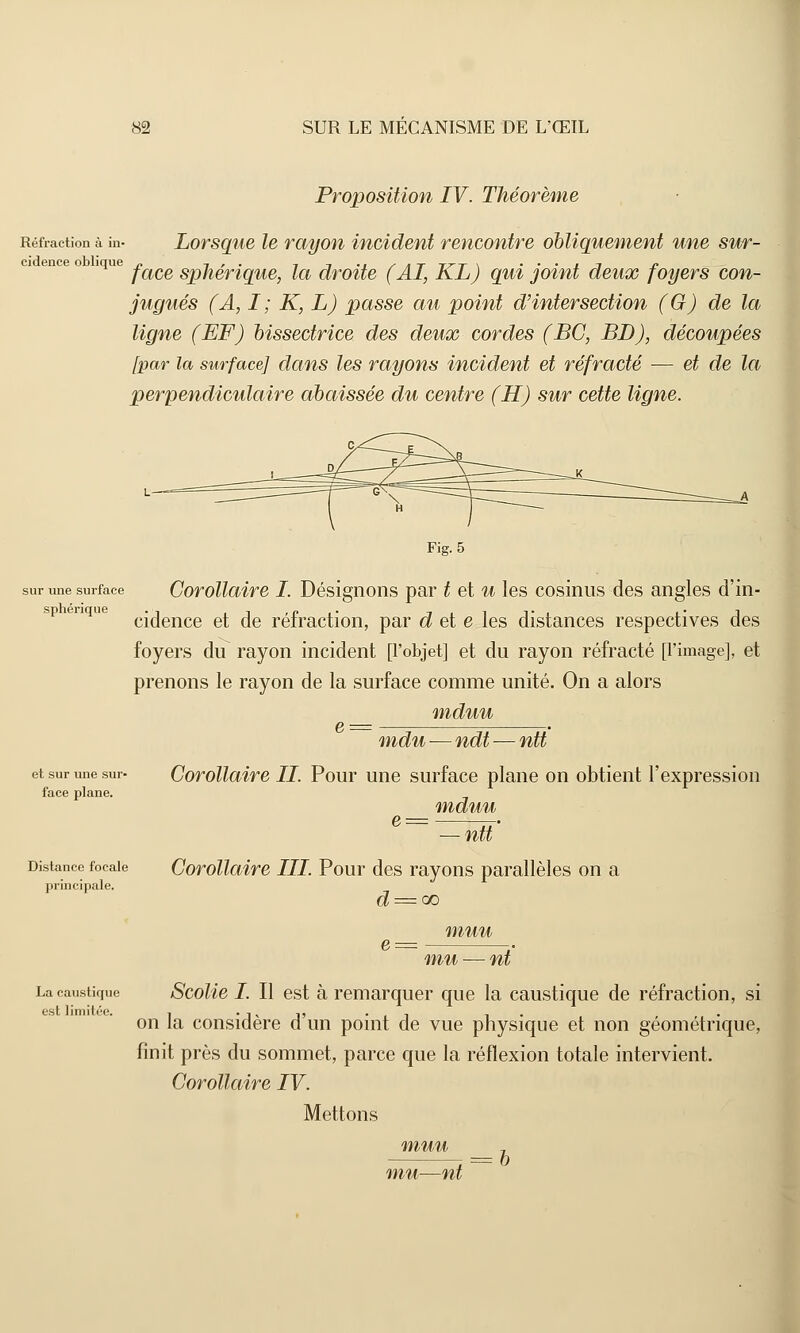 Réfraction à in- cidence oblique Proposition IV. Théorème Lorsque le rayon incident rencontre obliquement une sur- face sphérique, la droite (AI, KL) qui joint deux foyers con- jugués (A, I; K, L) passe au point d'intersection (G) de la ligne (EF) bissectrice des deux cordes (BC, BD), découpées [par la surface] dans les rayons incident et réfracté — et de la perpendiculaire abaissée du centre (H) sur cette ligne. sur une surface sphérique et sur une sur- face plane. Distance focale principale. La caustique est limitée. Fig.5 Corollaire I Désignons par t et u les cosinus des angles d'in- cidence et de réfraction, par d et e les distances respectives des foyers du rayon incident [l'objet] et du rayon réfracté [l'image], et prenons le rayon de la surface comme unité. On a alors mduu mdu — ndt — ntt Corollaire IL Pour une surface plane on obtient l'expression mduu — ntt Corollaire III. Pour des rayons parallèles on a d = <x> muu mu — nt Scolie I. Il est à remarquer que la caustique de réfraction, si on la considère d'un point de vue physique et non géométrique, finit près du sommet, parce que la réflexion totale intervient. Corollaire IV. Mettons muu mu—nt = b