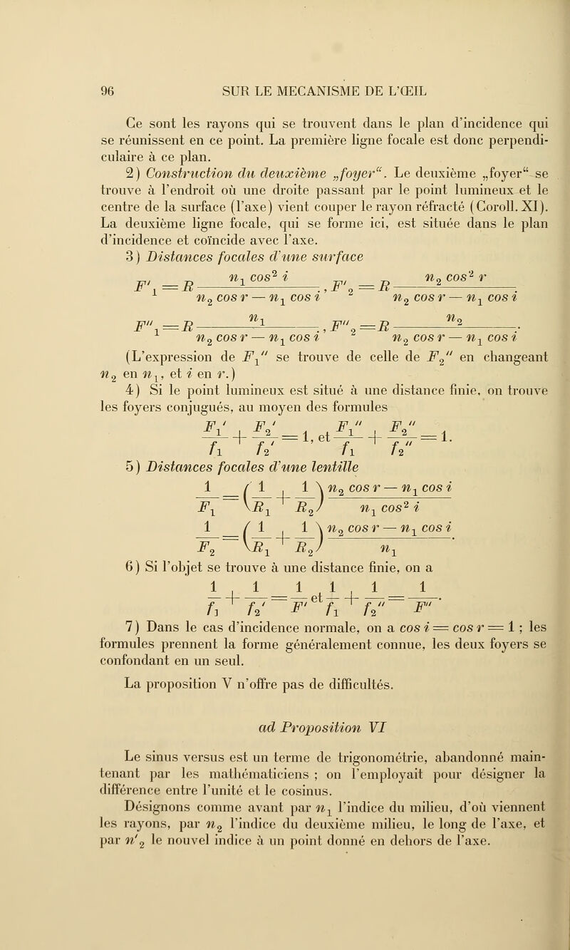 Ce sont les rayons qui se trouvent dans le plan d'incidence qui se réunissent en ce point. La première ligne focale est donc perpendi- culaire à ce plan. 2) Construction du deuxième „ foyer. Le deuxième „foyer se trouve à l'endroit où une droite passant par le point lumineux et le centre de la surface (l'axe) vient couper le rayon réfracté (Coroll. XI). La deuxième ligne focale, qui se forme ici, est située dans le plan d'incidence et coïncide avec l'axe. 3 ) Distances focales d'une surface F' =R nicos*i F, =R n2cosir 1 n2cosr — n1cosi' 2 n2cosr — nxcos% F = B ïi :, F\ =B ^ ■• n2cosr — n1cost 2 n2cosr — nxcost (L'expression de Fx se trouve de celle de F2 en changeant n2 en nx, et i en r.) 4) Si le point lumineux est situé à une distance finie, on trouve les foyers conjugués, au moyen des formules 77T I 771 / 777 // 777 // *i-+£a-=l et^-4-^2-=l Il 11 11 /2 5 ) Distances focales d'une lentille 1 _/ 1 i 1 \ ni cosr — n1 cosi 1\ ~ \B[ + B~) nx cos2 i 1 /l l\nn cosr — n-, cosi F2 \B1 B2J nx 6 ) Si l'objet se trouve à une distance finie, on a 1 1 11.1 1 A h' F' ft ' f2 F 7 ) Dans le cas d'incidence normale, on a cos i = cos r = 1 ; les formules prennent la forme généralement connue, les deux foyers se confondant en un seul. La proposition V n'offre pas de difficultés. ad Proposition VI Le sinus versus est un terme de trigonométrie, abandonné main- tenant par les mathématiciens ; on l'employait pour désigner la différence entre l'unité et le cosinus. Désignons comme avant par n± l'indice du milieu, d'où viennent les rayons, par n2 l'indice du deuxième milieu, le long de l'axe, et par n'2 le nouvel indice à un point donné en dehors de l'axe.