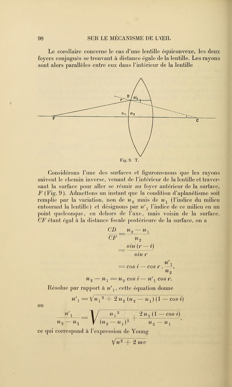 Le corollaire concerne le cas d'une lentille équiconvexe, les deux foyers conjugués se trouvant à distance égale de la lentille. Les rayons sont alors parallèles entre eux dans l'intérieur de la lentille Fig.9. T. Considérons l'une des surfaces et figurons-nous que les rayons suivent le chemin inverse, venant de l'intérieur de la lentille et traver- sant la surface pour aller se réunir au foyer antérieur de la surface, F (Fig. 9). Admettons un instant que la condition d'aplanétisme soit remplie par la variation, non de n2 mais de n1 (l'indice du milieu entourant la lentille) et désignons par n\ l'indice de ce milieu en un point quelconque, en dehors de l'axe, mais voisin de la surface. CF étant égal à la distance focale postérieure de la surface, on a CD CF n. n-. n2 sin (r sinr cos % — cos r . n0 — n. ■n» cost — n , cosr. Résolue par rapport à n\, cette équation donne n\ —yn^ -\-%n2 (n2 — nx) (1 — cosi) ou i\ 1/ n^ %n2(l — cosi) — n1 f (n2—nx)2 n2—n1 %' n2 — ce qui correspond à l'expression de Young yn2 -\- 2 mv