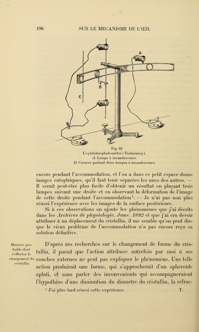 Fig. 82 L'ophtalmophakomètre ( Tscherning ). A. Lampe à incandescence. B. Curseur portant deux lampes à incandescence. encore pendant l'accommodation, et l'on a dans ce petit espace douze images catoptriques, qu'il faut tenir séparées les unes des autres. — Il serait peut-être plus facile d'obtenir un résultat en plaçant trois lampes suivant une droite et en observant la déformation de l'image de cette droite pendant l'accommodation1. — Je n'ai pas non plus réussi l'expérience avec les images de la surface postérieure. Si à ces observations on ajoute les phénomènes que j'ai décrits dans les Archives de physiologie, Janv. 1892 et que j'ai cru devoir attribuer à un déplacement du cristallin, il me semble qu'on peut dire que le vieux problème de l'accommodation n'a pas encore reçu sa solution définitive. Manière Pro- D'après ces recherches sur le changement de forme du cris- s'effectueîe talliii, il paraît que l'action attribuée autrefois par moi à ses changement du couches externes ne peut pas expliquer le phénomène. Une telle cristallin . . ., . . -, . action produirait une forme, qui s approcherait d un sphéroïde aplati, et sans parler des inconvénients qui accompagneraient l'hypothèse d'une diminution du diamètre du cristallin, la réfrac- 1 J'ai plus tard réussi cette expérience. T.