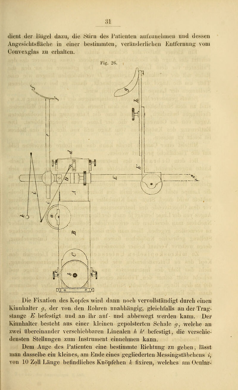 ;n dient der Hügel dazu, die Stirn des Patienten aiifz,uneliinen und dessen Angesichtsfläche in einer bestimmten, veränderlichen Entfernung vom Convexglas zu erhalten. Fig. 26 Die Fixation des Kopfes wird dann noch vervollständigt durch einen Kinnhalter g, der von den Rohren unabhängig, gleichfalls an der Trag- stange E befestigt, und an ihr auf- und abbewegt werden kann. Der Kinnhalter besteht aus einer kleinen gepolsterten Schale g, welche an zwei übereinander verschiebbaren Linealen h h' befestigt, die verschie- densten Stellungen zum Instrument einnehmen kann. Dem Auge des Patienten eine bestimmte Richtung zu geben, lässt man dasselbe ein kleines, am Ende eines gegliederten Messingstäbchens i,