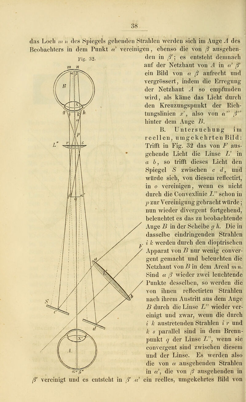 Oö das Loch m h des Spiegels gebenden Strahlen werden sich im Auge A des Beobachters in dem Punkt «' vereinigen, ebenso die von ß ausgehen- Fig. 32. den in ß'; es entsteht demnach auf der Netzhaut von A in «' ß' ein Bild von a ß aufrecht und vergrössert, indem die Erregung der Netzhaut A so empfunden wird, als käme das Licht durch den Kreuzungspunkt der Rich- tungslinien x', also von a ß hinter dem Auge B. B. Untersuchung im reellen, umgekehrten Bild: Trifft in Fig. 32 das von F aus- gehende Licht die Linse U in a b, so trifft dieses Licht den Spiegel S zwischen c d, und würde sich, von diesem reflectirt, in o vereinigen, wenn es nicht durch die Convexlinie L schon in p zur Vereinigung gebracht würde; nun wieder divergent fortgehend, beleuchtet es das zu beobachtende Auge B in der Scheibe g h. Die in dasselbe eindringenden Strahlen i k werden durch den dioptrischen Apparat von B nur wenig conver- gent gemacht und beleuchten die Netzhaut von B in dem Areal m n. Sind a ß wieder zwei leuchtende Punkte desselben, so werden die von ihnen reflectirten Strahlen nach ihrem Austritt aus dem Auge B durch die Linse L wieder ver- einigt und zwar, wenn die durch i Je austretenden Strahlen i r und k s parallel sind in dem Brenn- punkt q der Linse X, wenn sie convergent sind zwischen diesem und der Linse. Es werden also die von « ausgehenden Strahlen in «', die von ß ausgehenden in ß' vereinigt und es entsteht in ß' a ein reelles, umgekehrtes Bild von