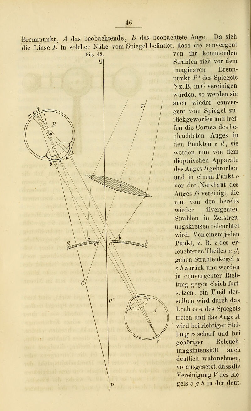 Brennpunkt, A das beobachtende, B das beobachtete Auge. Da sich die Linse L in solcher Nähe vom Spiegel befindet, dass die convergent Fis. 42. von ihr kommenden Strahlen sich vor dem imaginären Brenn- punkt P' des Spiegels S z. B. in C vereinigen würden, so werden sie auch wieder conver- gent vom Spiegel zu- rückgeworfen und tref- fen die Cornea des be- obachteten Auges in den Punkten c d; sie werden nun von dem dioptrischen Apparate des Auges B gebrochen und in einem Punkt o vor der Netzhaut des Auges B vereinigt, die nun von den bereits wieder divergenten Strahlen in Zerstreu- ungskreisen beleuchtet wird. Von einem jeden Punkt, z. B. e des er- leuchteten Theiles aß, gehen Strahlenkegel g e h zurück und werden in convergenter Rich- tung gegen S sich fort- setzen; ein Theil der- selben wird durch das Loch m 11 des Spiegels treten und das Auge Ä wird bei richtiger Stel- lung e- scharf und bei gehöriger Beleuch- tungsintensität auch deutlich wahrnehmen, vorausgesetzt, dass die Vereinigung V des Ke- gels e g hm der deut-