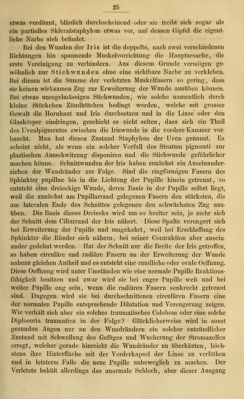 etwas verdünnt, bläulich durchscheinen*! oder sie treibt sieh sogar als ein partielles Skleralstaphylom etwas vor, auf dessen Gipfel die eigent- liche Narbe sich befindet. Bei den Wunden der Iris ist die doppelte, nach zwei verschiedenen Richtungen hin spannende Muskelvorrichtung die Hauptursache, die erste Vereinigung zu verhindern. Aus diesem Grunde vermögen ge- wöhnlich nur Stichwunden ohne eine sichtbare Narbe zu verkleben. Bei diesen ist die Summe der verletzten Muskelfasern so gering, dass sie keinen wirksamen Zug zur Erweiterung der Wunde ausüben können. Bei etwas unregelmässigen Stichwunden, wie solche namentlich durch kleine Stückchen Zündhütchen bedingt werden, welche mit grosser Gewalt die Hornhaut und Iris durchsetzen und in die Linse oder den Glaskörper eindringen, geschieht es nicht selten, dass sich ein Theil des Uvealpigmentes zwischen die Iriswunde in die vordere Kammer vor- baucht. Man hat diesen Zustand Staphylom der Uvea genannt. Es scheint nicht, als wenn ein solcher Vorfall des Stratum pigmenti zur plastischen Ausschwitzung disponiren und die Stichwunde gefährlicher machen könne. Schnittwunden der Iris haben zunächst ein Auseinander- ziehen der Wundränder zur Folge. Sind die ringförmigen Fasern des Sphinkter pupillae bis in die Lichtung der Pupille hinein getrennt, so entsteht eine dreieckige Wunde, deren Basis in der Pupille selbst liegt, weil die zunächst am Pupillarrand gelegenen Fasern den stärksten, die am lateralen Ende des Schnittes gelegenen den schwächsten Zug aus- üben. Die Basis dieses Dreiecks wird um so breiter sein, je mehr sich der Schnitt dem Ciliarrand der Iris nähert. Diese Spalte verengert sich bei Erweiterung der Pupille und umgekehrt, weil bei Erschlaffung des Sphinkter die Ränder sich nähern, bei seiner Contraktion aber ausein- ander gedehnt werden. Hat der Schnitt nur die Breite der Iris getroffen, so haben circuläre und radiäre Fasern an der Erweiterung der Wunde nahezu gleichen Antheil und es entsteht eine rundliche oder ovale Oeffhung. Diese Oeffnung wird unter Umständen wie eine normale Pupille Reaktions- fähigkeit besitzen und zwar wird sie bei enger Pupille weit und bei weiter Pupille eng sein, wenn die radiären Fasern senkrecht getrennt sind. Dagegen wird sie bei durchschnittenen circulären Fasern eine der normalen Pupille entsprechende Dilatation und Verengerung zeigen. Wie verhält sich aber ein solches traumatisches Colobom oder eine solche Diplocoria traumatica in der Folge? Glücklicherweise wird in sonst gesunden Augen nur an den Wundrändern ein solcher entzündlicher Zustand mit Schwellung des Gefüges und Wucherung der Stromazellen erregt, welcher gerade hinreicht die Wundränder zu überhäuten, höch- stens ihre Hinterfläche mit der Vorderkapsel der Linse zu verlöthen und in letztem Falle die neue Pupille unbeweglich zu machen. Der Verletzte behält allerdings das anormale Sehloch, aber dieser Ausgang