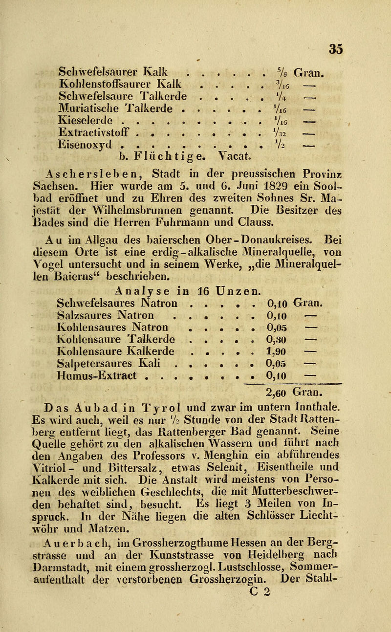 Schwefelsaurer Kalk % Gran. KoJilenstoffsaurer Kalk 7i<5 —• Schwefelsaure Talkerde ..... V4 Muriatisclie Talkerde Viö — Kieselerde . Vi<5 — ExtractivstofF V32 — Eisenoxyd V2 — b. Flüchtige. Vacat. Aschersleben, Stadt in der jDreussischen Provinz Sachsen. Hier wurde am 5. und 6. Juni 1829 ein Sool- bad eröffnet und zu Ehren des zweiten Sohnes Sr. Ma- jestät der Wilhelmsbrunnen genannt. Die Besitzer des Bades sind die Herren Fuhrmann und Clauss. Au im Allgau des baierschen Ober-Donaukreises. Bei diesem Orte ist eine erdig-alkalische Mineralquelle, von Vogel untersucht und in seinem Werke, „die Mineralquel- len Baierns beschrieben. Analyse in 16 Unzen. Schwefelsaures Natron 0,10 Gran. Salzsaures Natron 0,io — Kohlensaures Natron 0,05 — Kohlensaure Talkerde 0,30 — Kohlensaure Kalkerde 1,90 — Salpetersaures Kah 0,05 — Humus-Extract 0,10 — 2,60 Gran. Das Aubad in Tyrol und zwar im untern Innthale. Es wird auch, weil es nur V2 Stunde von der Stadt Ratten- berg entfernt liegt, das Rattenberger Bad genannt. Seine Quelle gehört zu den alkalischen Wassern und führt nach den Angaben des Professors v. Menghin ein abführendes Vitriol- und Bittersalz, etwas Selenit, Eisentheile und Kalkerde mit sich. Die Anstalt Mird meistens von Perso- nen des weiblichen Geschlechts, die mit Alutterbeschwer- den behaftet sind, besucht. Es hegt 3 Meilen von In- spruck. In der Nähe liegen die alten Schlösser Liecht- wöhr und Matzen. Auerbach, im Grossherzogthume Hessen an der Berg- strasse und an der Kunststrasse von Heidelberg nach Darmstadt, mit einem grossherzogl. Lustschlosse, Sommer- aufenthalt der verstorbenen Grossherzogin. Der Stahl- C 2