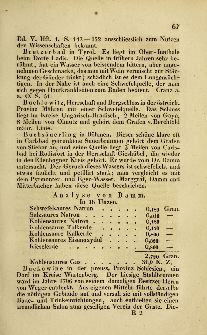 Bd. V. Hft. 1. S. 142 — 152 ausschliesslich zum Nutzen der Wissenschaften bekannt. Brutzerb ad in Tjrol. Es liegt im Ober-Innthale beim Dorfe Ladis. Die Quelle in frühem Jahren sehr be- rühmt , hat ein Wasser von beissendem bitteru, aber ange- nehmen Geschmacke, das man mit Wein vermischt zur Stär- kung der Glieder trinkt; schädlich ist es dem Lungensüch- tigen. In der Nähe ist auch eine Schwefelquelle, der man sich gegen Hautkrankheiten zum Baden bedient. Cranz a. a. O. S. 51. B u c h 1 o w i t z, Herrschaft und Bergschloss in der Ostreich, Provinz Mähren mit einer Schwefelquelle. Das Schloss liegt im Kreise Ungarisch-Hradisch , 2 Meilen von Gaya, 8 Meilen von Olmütz und gehört dem Grafen v.Berchtold mähr. Linie. Buchsäuerling in Böhmen. Dieser schöne klare oft in Carlshad getrunkene Sauerbrunnen gehört dem Graien vonStiebar an, und seine Quelle liegt 3 Meilen von Carls- bad bei Rodislort in der Herrschaft Gieshübel, die wieder in denElleubogner Kreis gehört. Er wurde vom Dr. Damm untersucht. Der Geruch dieses Wassers ist schwefelicht und etwas faulicht und petillirt stark; man vergleicht es mit dem Pyrmonter- und Eger-Wasser. Marggraf, Damm und Mitterbacher haben diese Quelle beschrieben. Analyse von Damm. In 16 Unzen. Schwefelsaures Natron 0,i80 Gran. Salzsaures Natron 0,3io — Kohlensaures Natron ...... 0,180 — Kohlensaure Talkerde . . . . . 0,130 — Kohlensaure Kalkerde 0,800 — Kohlensaures Eisenoxydul .... 0,320 — Kieselerde . 0,800 — 2,720 Gran. Kohlensaures Gas 31,0 K. Z. Buckowine in der preuss. Provinz Schlesien, ein Dorf im Kreise Wartenberg. Der hiesige Stahlbrunnen ward im Jahre 1796 von seinem damaligen Besitzer Herrn von Weger entdeckt. Aus eigenen Mitteln führte derselbe die nöthigen Gebäude auf und versah sie mit vollständigen Bade- und Trinkeinrichtungen, auch enthielten sie einen Ireundlichen Salon zum geselligen Verein der Gäste, Die- E 2