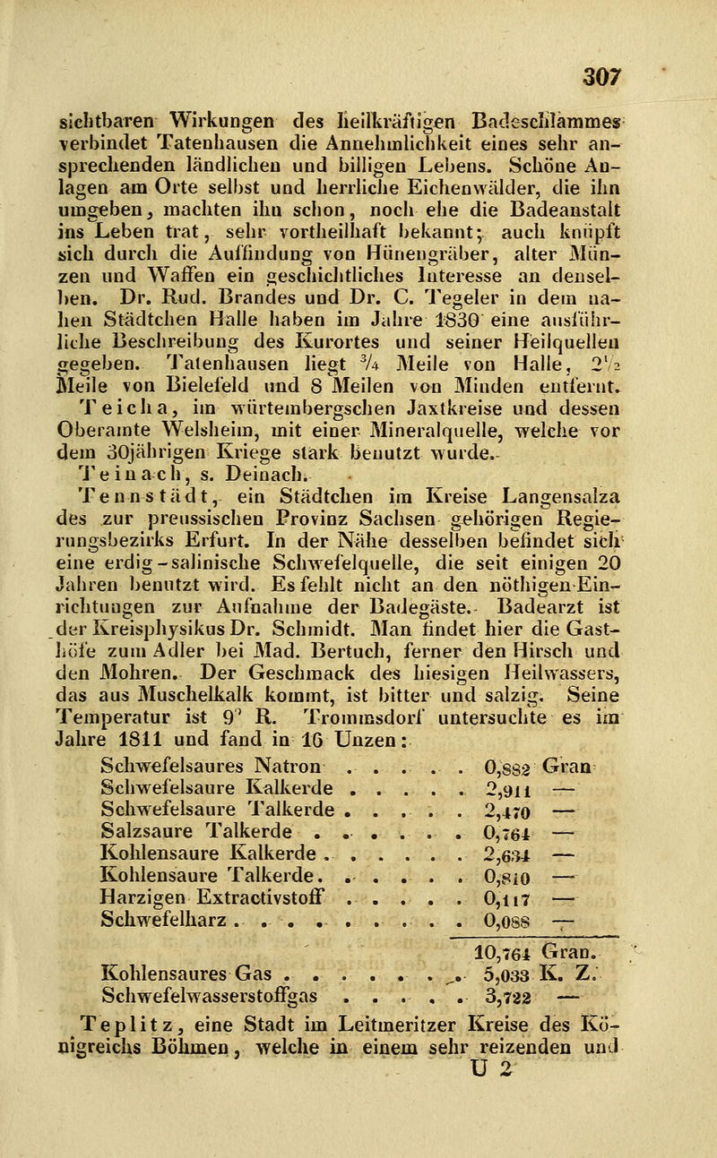 siclitbaren Wirkungen des liellkräftigen Badesclilammes \erbin(let Tatenhausen die Annehmlichkeit eines sehr an- sprechenden ländlichen und billigen Lebens. Schöne An- lagen am Orte selbst und herrliche Eichenwälder, die ihn umgeben, machten ihn schon, noch ehe die Badeanstalt ins Leben trat, sehr vortheiiliaft bekannt; auch kniipft sich durch die Auffindung von Hünengräber, alter Mün- zen und Wajffen ein o;eschichtliches Interesse an densel- l)en. Dr. Rud. Brandes und Dr. C. Tegeler in dem na- hen Städtchen Halle haben im Jahre 1630 eine ausführ- liche Beschreibung des Kurortes und seiner Heilquellen gegeben. Tatenhausen liegt ^U Meile von Halle, 2V2 Sieile von Bielefeld und 8 Meilen von Minden entfernt. Teicha, im würtembergschen Jaxtkreise und dessen Oberamte Welsheim, mit einer Mineralquelle, welche vor dem 30jährigen Kriege stark benutzt wurde. T ein ach, s. Deinach. TennStadt, ein Städtchen im Kreise Langensalza des zur preussischen Provinz Sachsen gehörigen Regie- rungsbezirks Erfurt. In der Nähe desselben befindet sich eine erdig-salinische Schwefelquelle, die seit einigen 20 Jahren benutzt wird. Es fehlt nicht an den nöthigen Ein- richtungen zur Aufnahme der Badegäste. Badearzt ist der Kreisphysikus Dr. Schmidt. Man findet hier die Gast- jiöfe zum Adler bei Mad. Bertuch, ferner den Hirsch und den Mohren. Der Geschmack des hiesigen Heilwassers, das aus Muschelkalk kommt, ist bitter und salzig. Seine Temperatur ist 9' R. Trommsdorf untersuchte es im Jahre 1811 und fand in 10 Unzen: Schwefelsaures Natron . . . . . 0,883 Gran Schwefelsaure Kalkerde 2,911 — Schwefelsaure Talkerde . . . . . 2,470 — Salzsaure Talkerde . . • . . . 0,764 — Kohlensaure Kalkerde 2,6.'U — Kohlensaure Talkerde. . . . . . 0,8i0 — Harzigen Extraotivstoff . . . . . 0,ii7 — Schwefelharz. . . . . ... . 0,088 — 10,764 Gran. Kohlensaures Gas ...... ^. 5,033 K. Z. Schwefelwasserstoflfgas . . . , . 3,722 —~ TeplitZj eine Stadt im Leitmeritzer Kreise des Kö- nigreichs Böhmen, welche in einem sehr reizenden und U 2