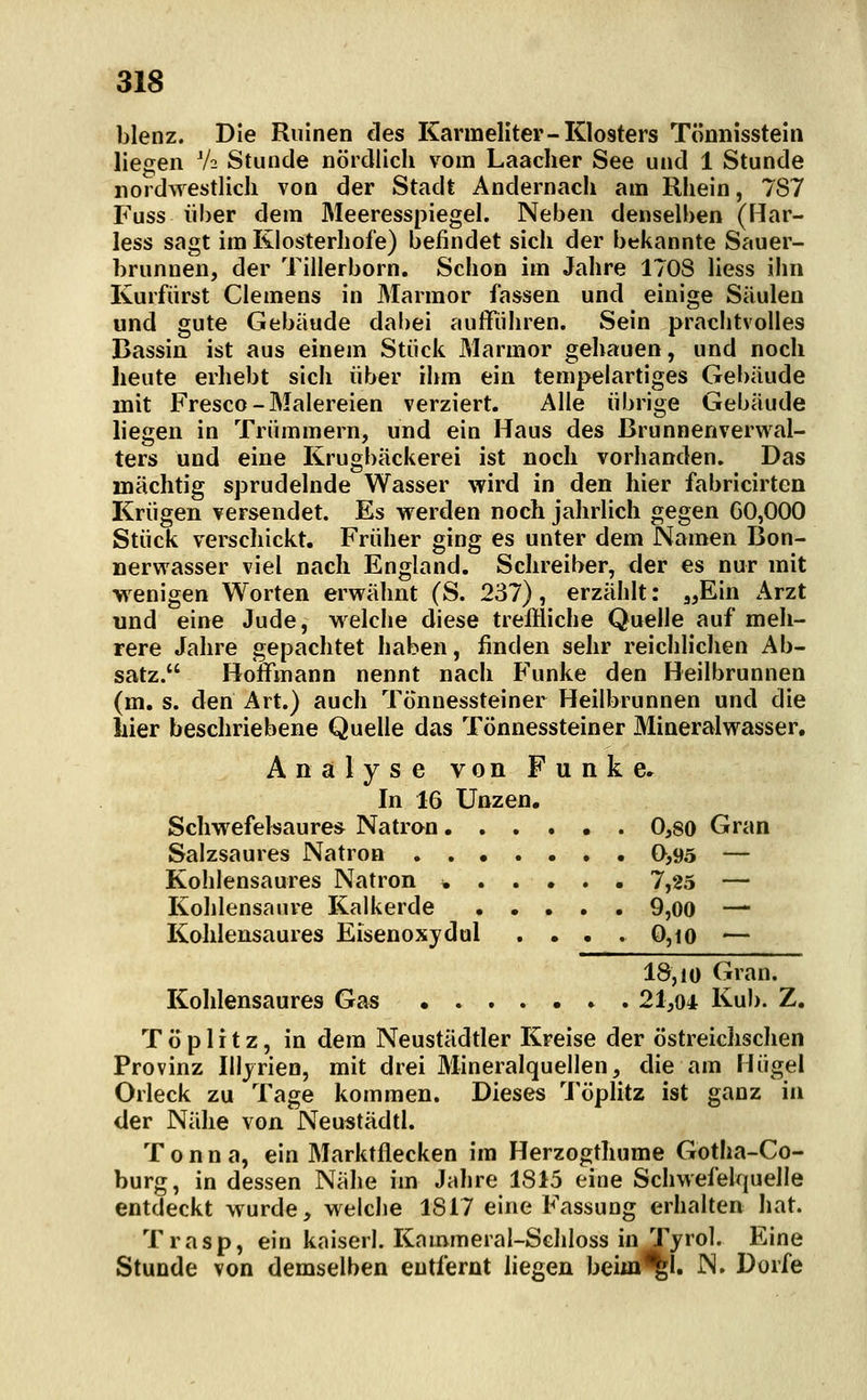 blenz. Die Ruinen des Karmeliter-Klosters Tömiisstein liegen V2 Stunde nördlich vom Laacher See und 1 Stunde nordwestlich von der Stadt Andernach am Rhein, 787 Fuss iil)er dem Meeresspiegel. Neben denselben (Har- less sagt im Klosterhofe) befindet sich der bekannte Sauer- brunnen, der Tillerborn. Schon im Jahre 170S Hess ihn Kurfürst Clemens in Marmor fassen und einige Säulen und gute Gebäude dabei aufführen. Sein prachtvolles Bassin ist aus einem Stück Marmor gehauen, und noch heute erhebt sich über ihm ein tempelartiges Gebäude mit Fresco-Malereien verziert. Alle übrige Gebäude liegen in Trümmern, und ein Haus des ßrunnenverw al- ters und eine Krugbäckerei ist noch vorhanden. Das mächtig sprudelnde Wasser wird in den hier fabricirtcn Krügen versendet. Es werden noch jahrlich gegen 60,000 Stück verscliickt. Früher ging es unter dem Namen Bon- »erwasser viel nach England. Schreiber, der es nur mit w enigen Worten erwähnt (S. 237), erzählt: „Ein Arzt und eine Jude, welche diese treffliche Quelle auf meh- rere Jahre gepachtet haben, finden sehr reichlichen Ab- satz. Hoffmann nennt nach Funke den Heilbrunnen (m. s. den Art.) auch Tönnessteiner Heilbrunnen und die hier beschriebene Quelle das Tönnessteiner Mineralwasser, Analyse von Funke. In 16 Unzen. Schwefelsaures Natron 0,80 Gran Salzsaures Natron 0,95 — Kohlensaures Natron • 7,25 — Kohlensaure Kalkerde 9,00 — Kohlensaures Eisenoxydul . . • . 0,io — 18,10 Gran. Kohlensaures Gas 21,04 Kub. Z. T ö p 1 i t z, in dem Neustädtler Kreise der östreichsclien Provinz Illjrien, mit drei Mineralquellen, die am Hügel Orleck zu Tage kommen. Dieses Töplitz ist ganz in der Nähe von Neu^tädtl. Tonn a, ein Marktflecken im Herzogthume Gotha-Co- burg, in dessen Nähe im Jahre 1815 eine Schwefelquelle entdeckt wurde, welche 1817 eine Fassung erhalten hat. Trasp, ein kaiserl. Kammeral-Schloss in Tjrol. Eine Stunde von demselben entfernt liegen beiin%l. N. Dorfe