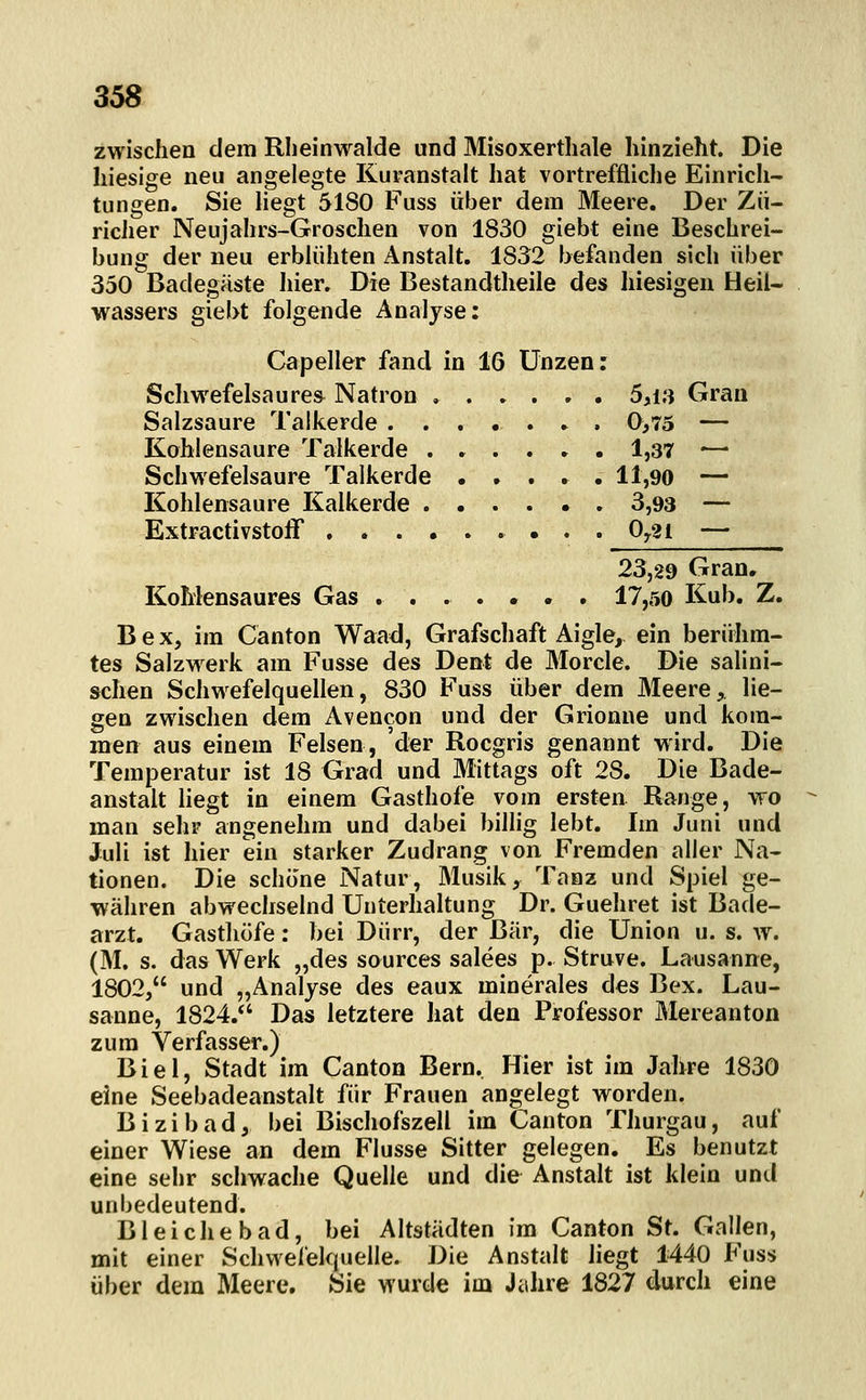 zwischen dem Rlieinwalde und Misoxertliale hinzieht. Die hiesige neu angelegte Kuranstalt hat vortreffliche Einrich- tungen. Sie Hegt 5180 Fuss über dem Meere. Der Zii- riciier Neujahrs-Groschen von 1830 giebt eine Beschrei- bung der neu erblühten Anstalt. 1832 befanden sich über 350 Badegäste hier. Die Bestandtheile des hiesigen Heil- wassers giebt folgende Analyse: Capeller fand in 16 Unzen: Schwefelsa ure& Natron 5,13 Gran Salzsaure Taikerde 0>75 — Kohlensaure Taikerde 1,37 — Schwefelsaure Talkerde . , . ► . 11,90 — Kohlensaure Kalkerde 3,93 — Extractivstoff • • » Oy2l — 23,29 Gran. Kohlensaures Gas ....... 17,50 Kub. Z. Bex, im Canton Waad, Grafschaft Aigle, ein berühm- tes Salzwerk am Fusse des Dent de Morde. Die salini- schen Schwefelquellen, 830 Fuss über dem Meere, lie- gen zwischen dem Avencon und der Grionne und kom- men aus einem Felsen, der Rocgris genannt wird. Die Temperatur ist 18 Grad und Mittags oft 28. Die Bade- anstalt liegt in einem Gasthofe vom ersten Range, wo man sehr angenehm und dabei billig lebt. Im Juni und Juli ist hier ein starker Zudrang von Fremden aller Na- tionen. Die schone Natur, Musik, Tanz und Spiel ge- währen abwechselnd Unterhaltung Dr. Guehret ist Bade- arzt. Gasthöfe: bei Dürr, der Bär, die Union u. s. w. (M. s. das Werk „des sources salees p. Struve. Lausanne, 1802, und „Analyse des eaux minerales des Bex. Lau- sanne, 1824.*' Das letztere hat den Professor Mereanton zum Verfasser.) Biel, Stadt im Canton Bern. Hier ist im Jahre 1830 eine Seebadeanstalt für Frauen angelegt worden. Bizibad, bei Bischofszell im Canton Thurgau, auf einer Wiese an dem Flusse Sitter gelegen. Es benutzt eine sehr schwache Quelle und die Anstalt ist klein und unbedeutend. Bleiche bad, bei Altstädten im Canton St. Gallen, mit einer Schwefelquelle. Die Anstalt liegt 1440 Fuss über dem Meere. Sie wurde im Jidire 1827 durch eine
