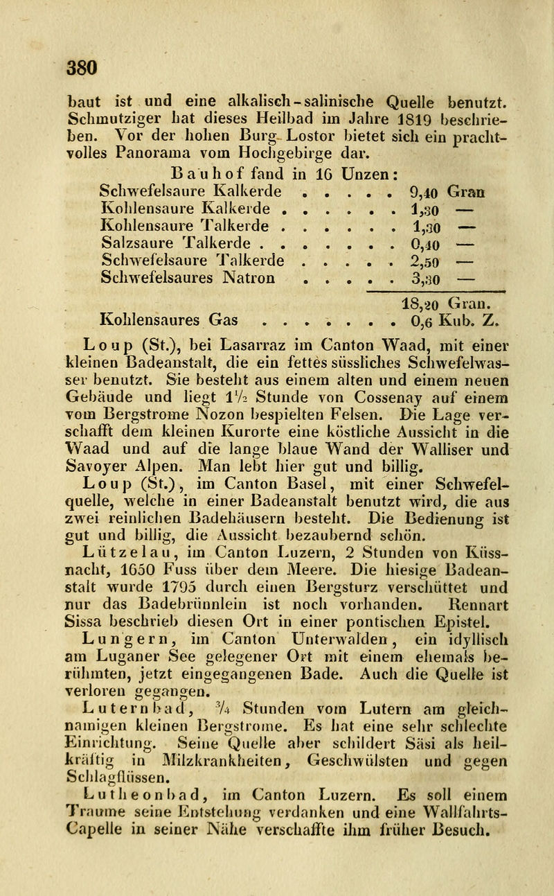 baut ist und eine alkalisch-salinische Quelle benutzt. Schmutziger hat dieses Heilbad im Jahre 1819 beschrie- ben. Vor der hohen Burg Lostor Ijietet sich ein pracht- volles Panorama vom Hochgebirge dar. Bauhof fand in IG Unzen: Schwefelsaure Kalkerde 9,10 Gran Kohlensaure Kalkerde 1,30 — Kohlensaure Talkerde 1,00 — Salzsaure Talkerde 0,io — Schwefelsaure J'alkerde ..... 2,50 — Schwefelsaures Natron 3,;io — 18,20 Gran. Kohlensaures Gas ....... 0,6 Kub. Z, L 0 u p (St.), bei Lasarraz im Canton Waad, mit einer kleinen Badeanstalt, die ein fettes süsshches Schwefelwas- ser benutzt. Sie besteht aus einem alten und einem neuen Gebäude und liegt IV2 Stunde von Cossenay auf einem vom Bergstrome Nozon bespielten Felsen. I>ie Lage ver- schafft dem kleinen Kurorte eine köstliche Aussicht in die Waad und auf die lange blaue Wand der Walliser und Savoyer Alpen. Man lebt hier gut und billig. Loup (St.), im Canton Basel, mit einer Schwefel- quelle, welche in einer Badeanstalt benutzt wird, die aus zwei reinlichen Badehäusern besteht. Die Bedienung ist gut und billig, die Aussicht bezaubernd schön. Lützelau, im Canton Luzern, 2 Stunden von Küss- nacht, 1650 Fuss über dem Meere. Die hiesige Badean- stalt wurde 1795 durch einen Bergsturz verschüttet und nur das Badebrünnlein ist noch vorhanden. Rennart Sissa beschrieb diesen Ort in einer pontischen Epistel. Lungern, im Canton Unterwaiden, ein idyllisch am Luganer See gelegener Ort mit einem ehemals be- rühmten, jetzt eingegangenen Bade. Auch die Quelle ist verloren gegangen. Luternbad, 'A Stunden vom Lutern am gleich- namigen kleinen Bergstroine. Es hat eine sehr schlechte Einrichtung. Seine Quelle aber schildert Säsi als heil- kräitig in Milzkrankheiten, Geschwülsten und gegen Schlagflüssen. Lutheonbad, im Canton Luzern. Es soll einem Traume seine Entstehung verdanken und eine Wallfalirts- Capelle in seiner Nähe verschaffte ihm früher Besuch.