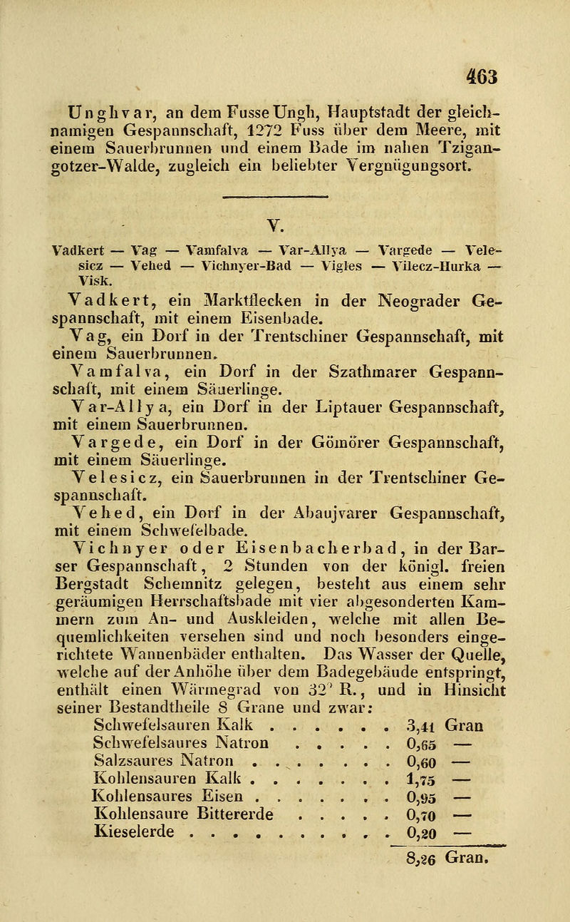 Unglivar, an dem FusseUngli, Hauptstadt der gleich- namigen Gespannscliaft, 1272 Fuss über dem Meere, mit einem Sauerbrunnen und einem Bade im nahen Tzigaii- gotzer-Walde, zugleich ein behebter Yergoügungsart. V. Vadkert — Yag — Vamfalva — Var-Allya — Vargede — Vele- sicz — Velied — Viclinyer-Bad — Vigles — Vilecz-Hurka — Visk. Vadkert, ein Marktflecken in der Neograder Ge- spannschaft, mit einem Eisenbade. Vag, ein Dorf in der Trentschiner Gespannschaft, mit einem Sauerbrunnen» Vamfalva, ein Dorf in der Szatlimarer Gespann- schaft, mit einem Säuerlinge. V a r-A 11 y a, ein Dorf in der Liptauer Gespannschaft, mit einem Sauerbrunnen. Vargede, ein Dorf in der Gömörer Gespannschaft, mit einem Säuerlinge. Velesicz, ein Sauerbrunnen in der Trentschiner Ge- spannschaft. Vehed, ein Dorf in der Abaujvarer Ge&pannschaft, mit einem Schwefelbade. Vichnyer oder Eise nb ach e rba d , in der Bar- ser Gespannschaft, 2 Stunden von der konigl. freien Bergstadt Schemnitz gelegen, besteht aus einem sehr geräumigen Herrschaftsbade mit vier abgesonderten Kam- mern zum An- und Auskleiden, welche mit allen Be- quemlichkeiten versehen sind und noch besonders einge- richtete Wannenbäder enthalten. Das Wasser der Quelle, welche auf der Anhöhe über dem Badegebäude entspringt, enthält einen Wärmegrad von 32' R., und in Hinsicht seiner Bestandtheile 8 Grane und zwar; Schwefelsauren Kalk 3,41 Gran Schwefelsaures Natron 0^65 — Salzsaures Natron . . ^ 0,60 — Kohlensauren Kalk 1,75 — Kohlensaures Eisen . 0,95 — Kohlensaure Bittererde 0,70 — Kieselerde . 0,20 — 8,26 Gran.