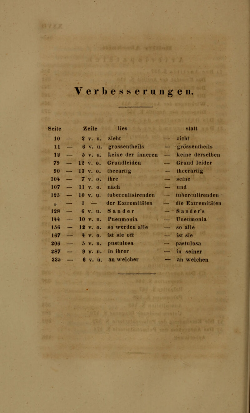 Verbesserungen, Seite Zeile lies statt 10 — 2 V. u. zieht — zieht 11 — 6 V. 11. grossentheils — grossentheils 12 — 5 V. u. keine der inneren — keine derselben 79 — 12 V. 0. Grnndleiden — Grund leider 90 — 13 V. 0. theeartig - theerartig 104 — 7 V. 0. ihre — seine 107 — 11 V. 0. nach — und 125 — 10 v. u. tuberculisirenden - tuberculirenden » — 1 — der Extremitäten — die Extremitäten 188 — 6 V. 11. Sander - Sander's 144 — 10 V. 11. Pnenmonia — üneumonia 156 — 12 V. 0. so werden alle — so alle 167 — 4 V. o. ist sie oft __ ist sie 206 — 5 V. u. pustulosa — pastulosa 287 — 9 V. 11. in ihrer — in seiner 335 ~~• 6 V. u. an welcher ~ an welchen